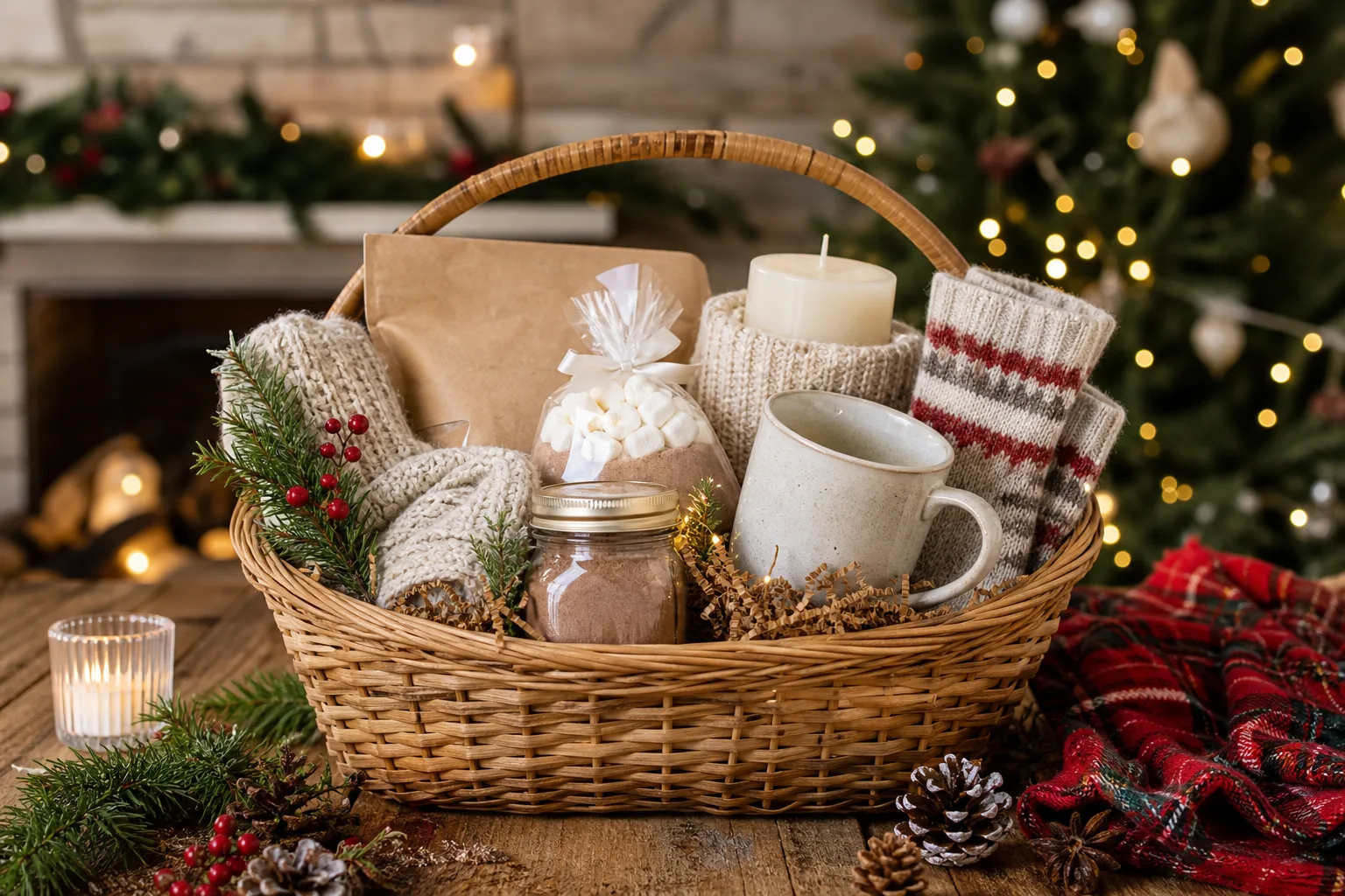 Christmas Basket Gift Ideas: 22 Themed Baskets Stuffed With Cocoa, Candles and Cozy Socks
