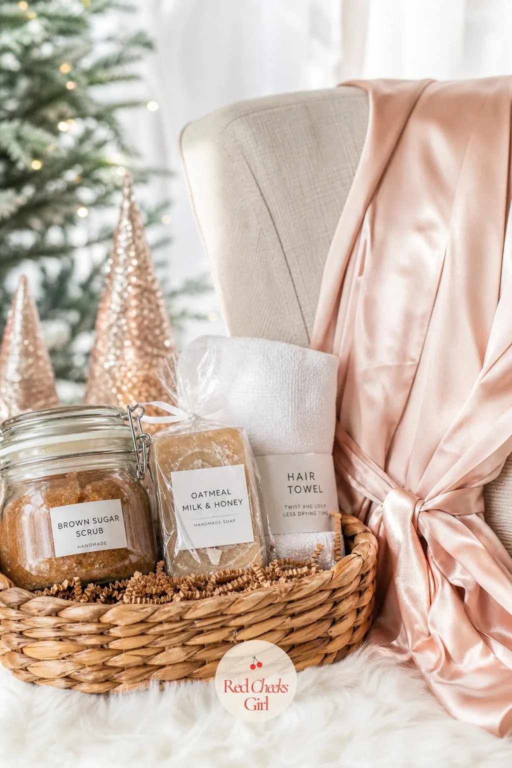 Sugar Scrub and Silk Robe Basket — She will never buy this for herself, which is exactly the point of giving it to her. Christmas basket gift ideas