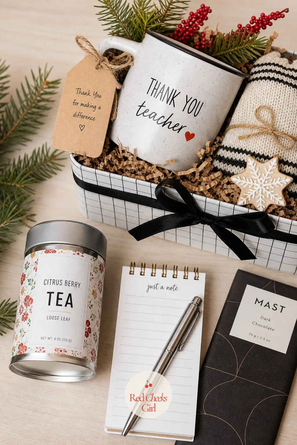 Teacher's Thank You Basket — Skip the mug with an apple on it this year. Christmas basket gift ideas