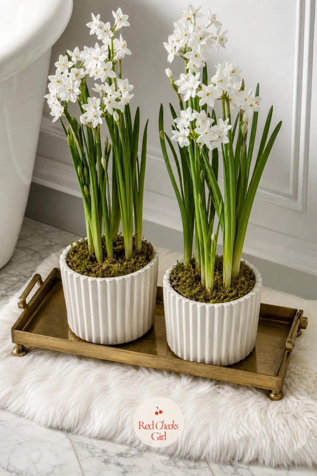 A Faux Fur Bath Mat Layered Beneath a Brass Boot Tray Holding a Pair of Potted Paperwhites — An ivory faux fur mat, with a slim brass tray sitting on top of it