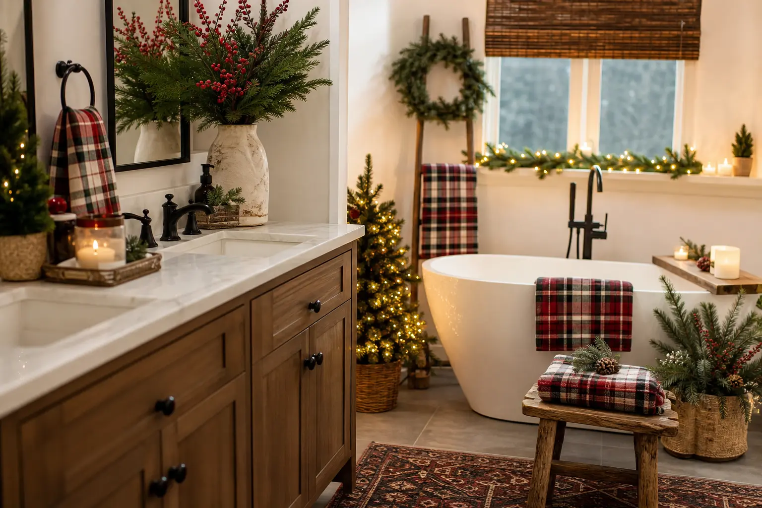 14 Christmas Bathroom Decor Ideas With Plaid Towels, Mini Trees and Spa-Like Cheer