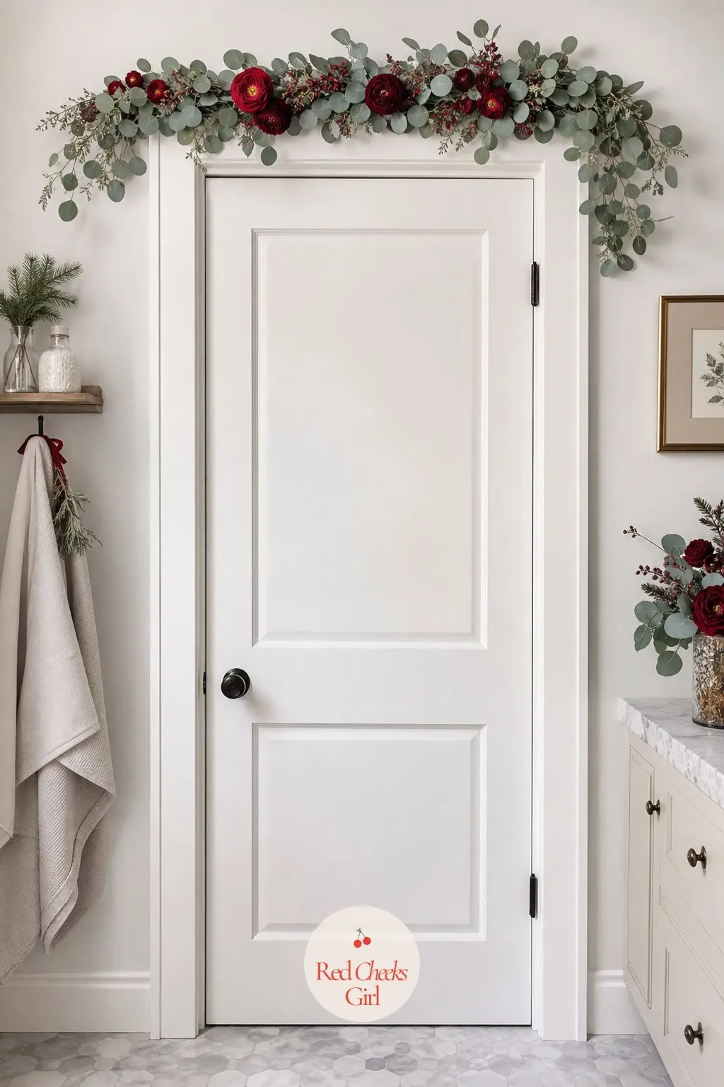 A Horizontal Swag of Preserved Eucalyptus and Ranunculus Pinned Along the Top of the Door Frame — Skip the round wreath and run the greenery sideways instead