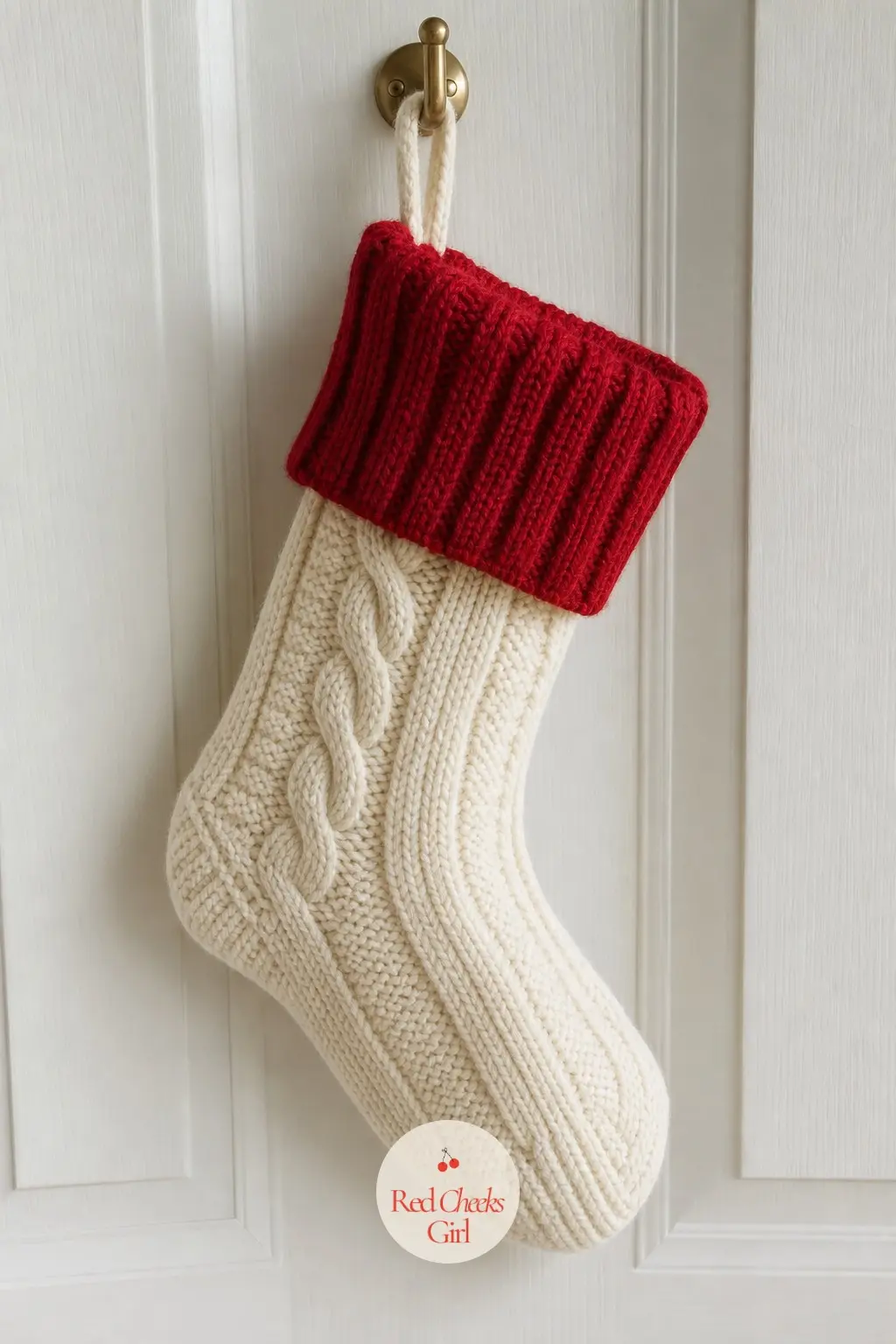 A Knit Christmas Stocking Hung From a Single Brass Hook to Hold Spare Toiletries — One stocking, hung low on a single brass hook just inside the door, holds