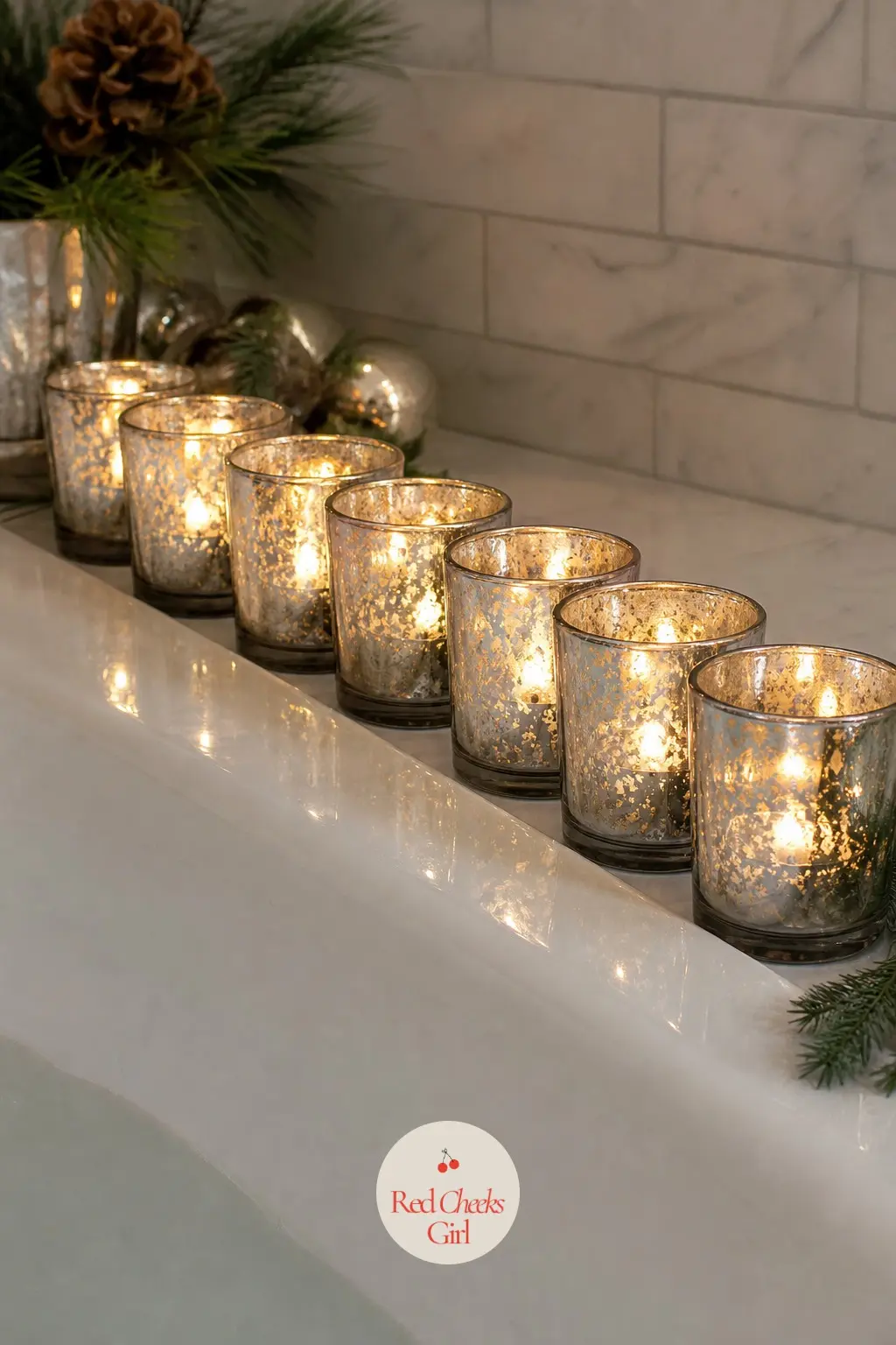 A Row of Mercury Glass Votives Lined Along the Tub Ledge, Each Lit With a Flickering Candle — A line of mercury glass votive holders along the tub ledge, each