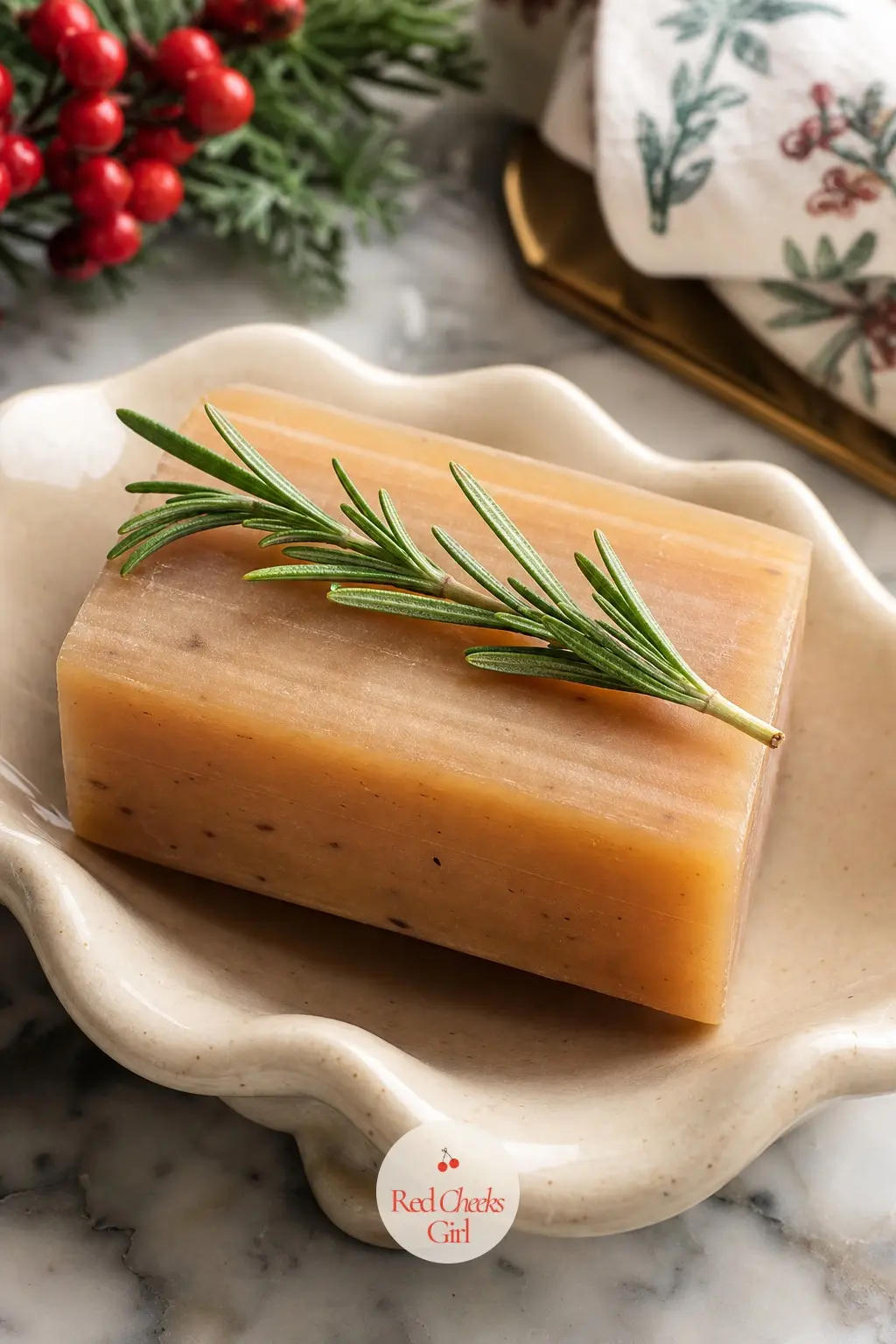 A Scalloped Ceramic Soap Dish Holding a Fresh Bar of Cedar Soap Topped With a Sprig of Rosemary — A scalloped ceramic soap dish, holding one bar of