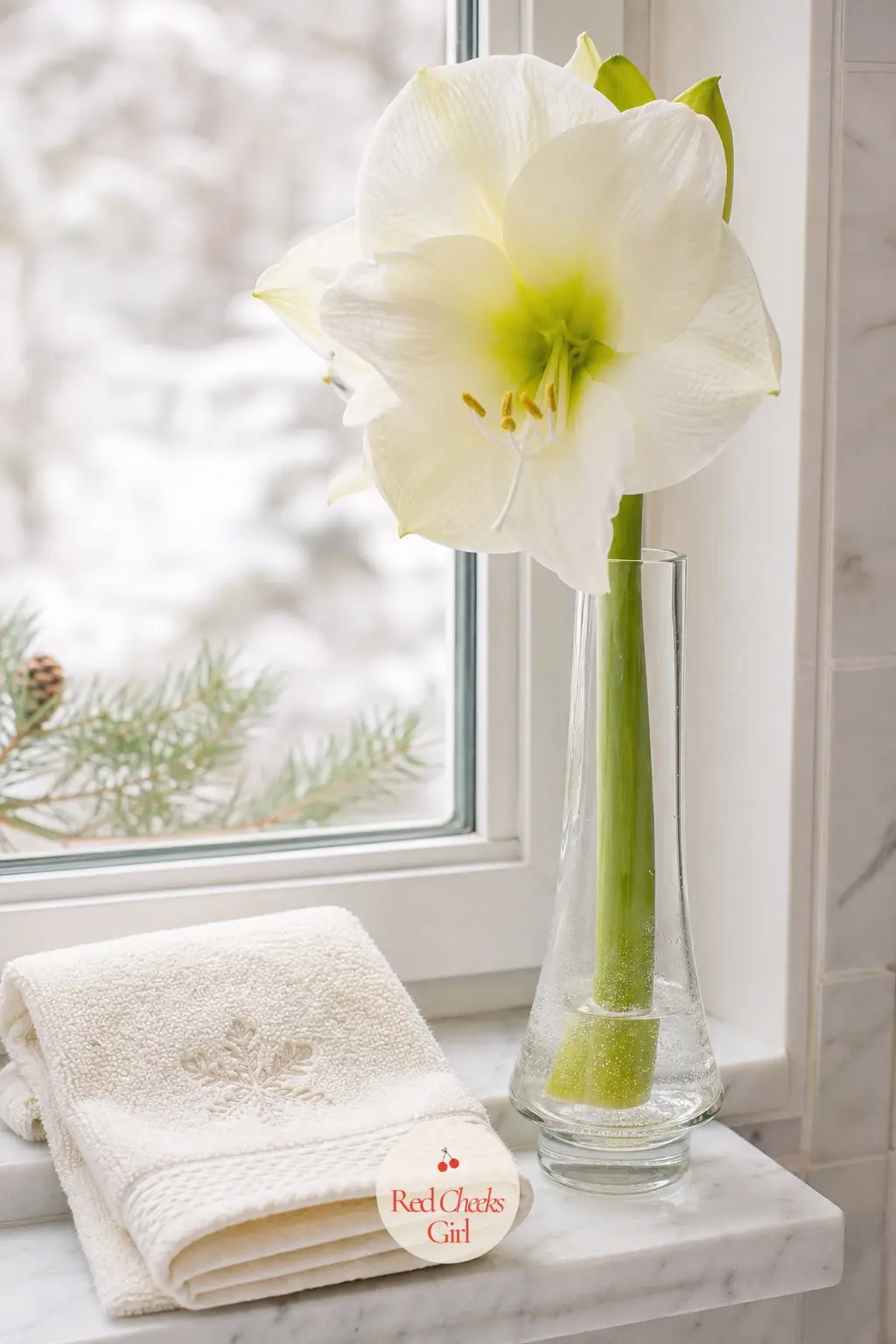 A Single Stem Vase of White Amaryllis Set on the Windowsill Beside a Folded Hand Towel — One tall white amaryllis stem in a slim glass vase, set on the