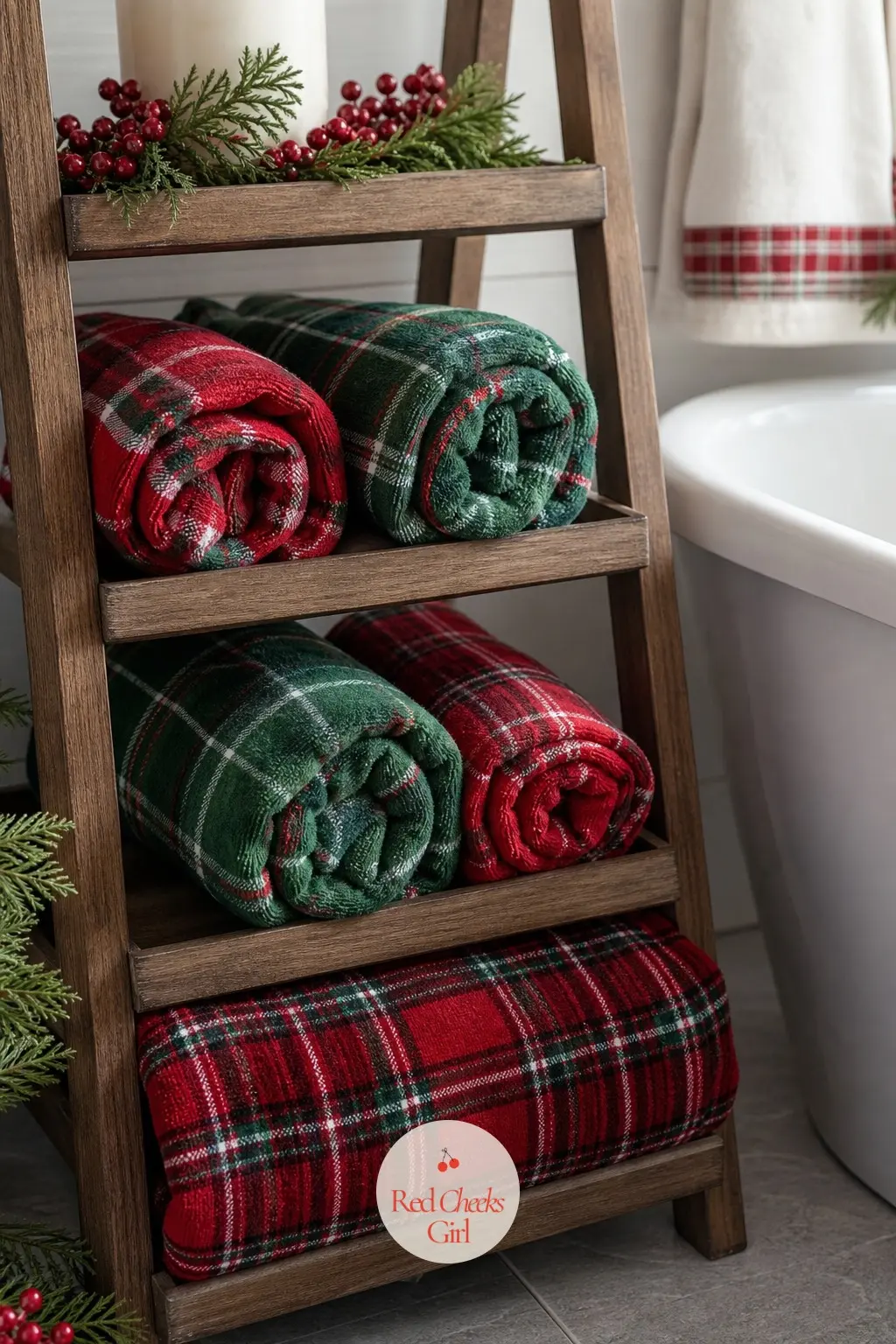 A Stack of Rolled Plaid Flannel Bath Towels Lined Along a Ladder Shelf Beside the Tub — Rolled rather than folded, a stack of plaid flannel bath towels lined