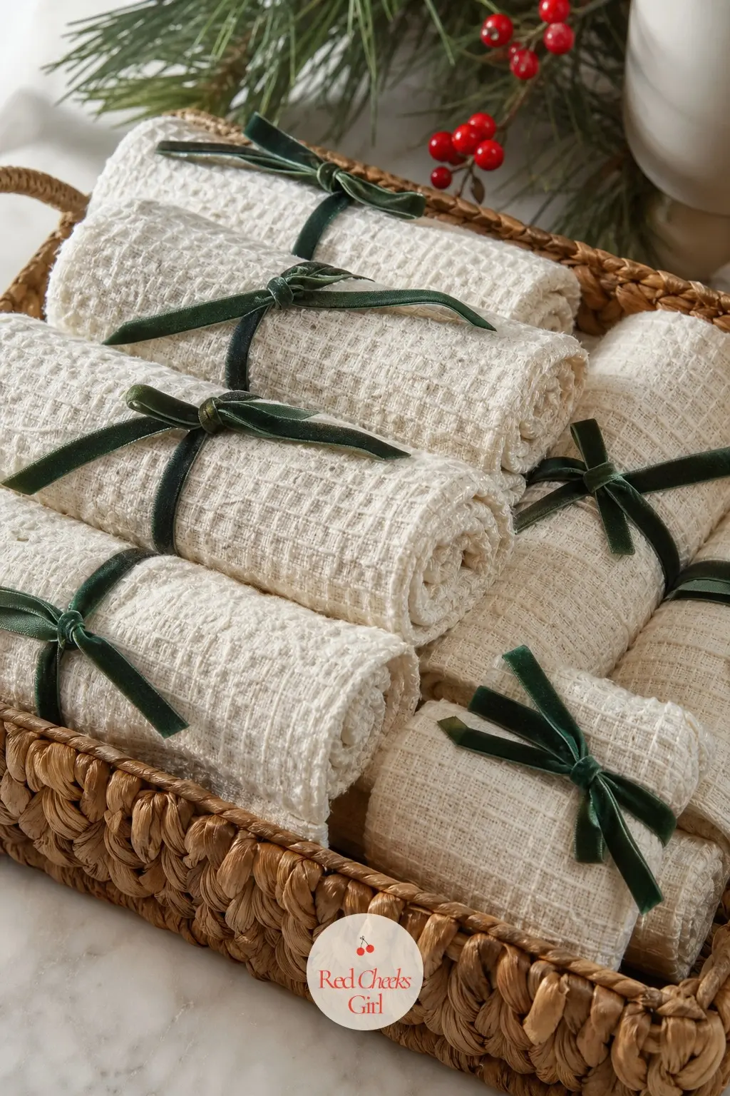 A Woven Tray of Rolled Washcloths Tied Individually With Thin Velvet Ribbon, Stacked Like Parcels — Rolled washcloths, each tied with a thin strip of deep
