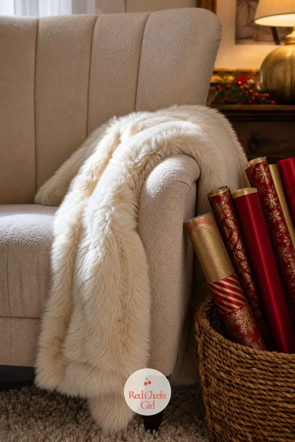 An Armchair Dressed With Faux Fur and a Basket of Gift Wrap — If there is a chair in the bedroom that nobody sits in, give it a cream faux fur throw over one