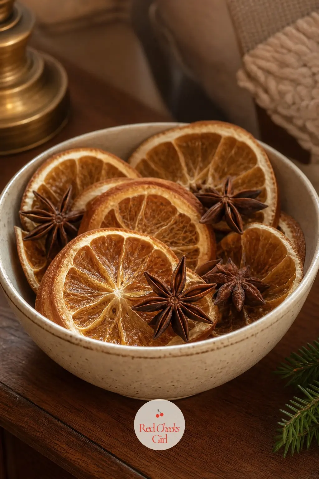A Bedside Bowl of Dried Orange Slices and Star Anise — A small ceramic bowl beside the bed, filled with dried orange slices and whole star anise pods, gives
