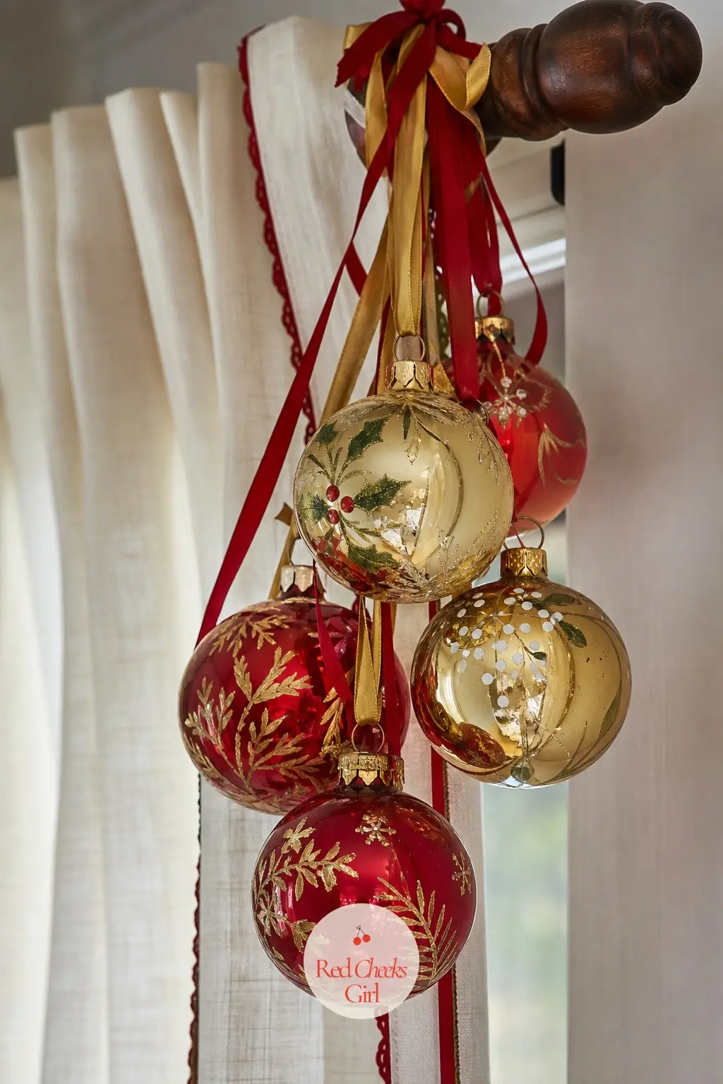 A Cluster of Painted Glass Ornaments Hung From the Curtain Rod — Loop short lengths of narrow ribbon through three or four hand painted glass ornaments and