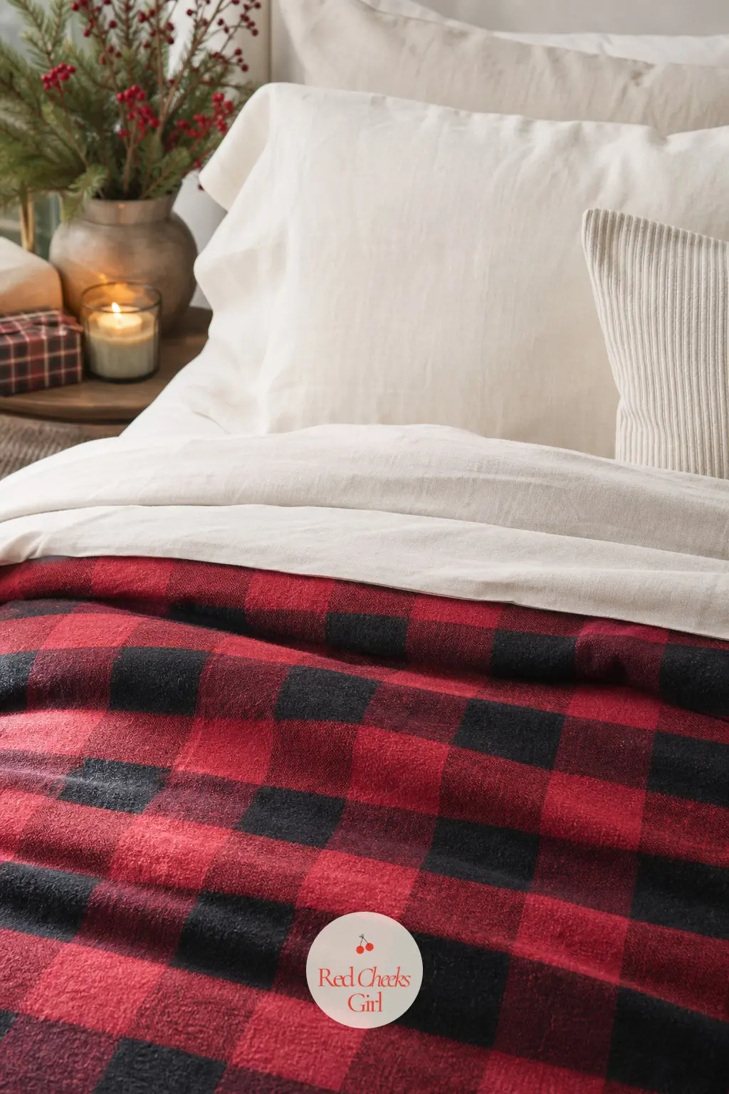A Flannel Duvet in a Quiet Buffalo Check With Ivory Linen Sheets — Swap the duvet cover for a black and red buffalo check flannel, and keep the sheets a plain