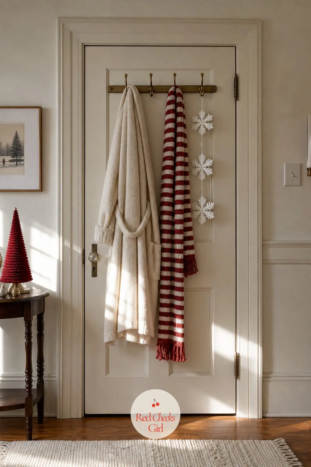 A Row of Door Hooks Holding a Robe, a Scarf and Paper Snowflakes — A row of brass hooks by the bedroom door, already holding a robe and a scarf most of the