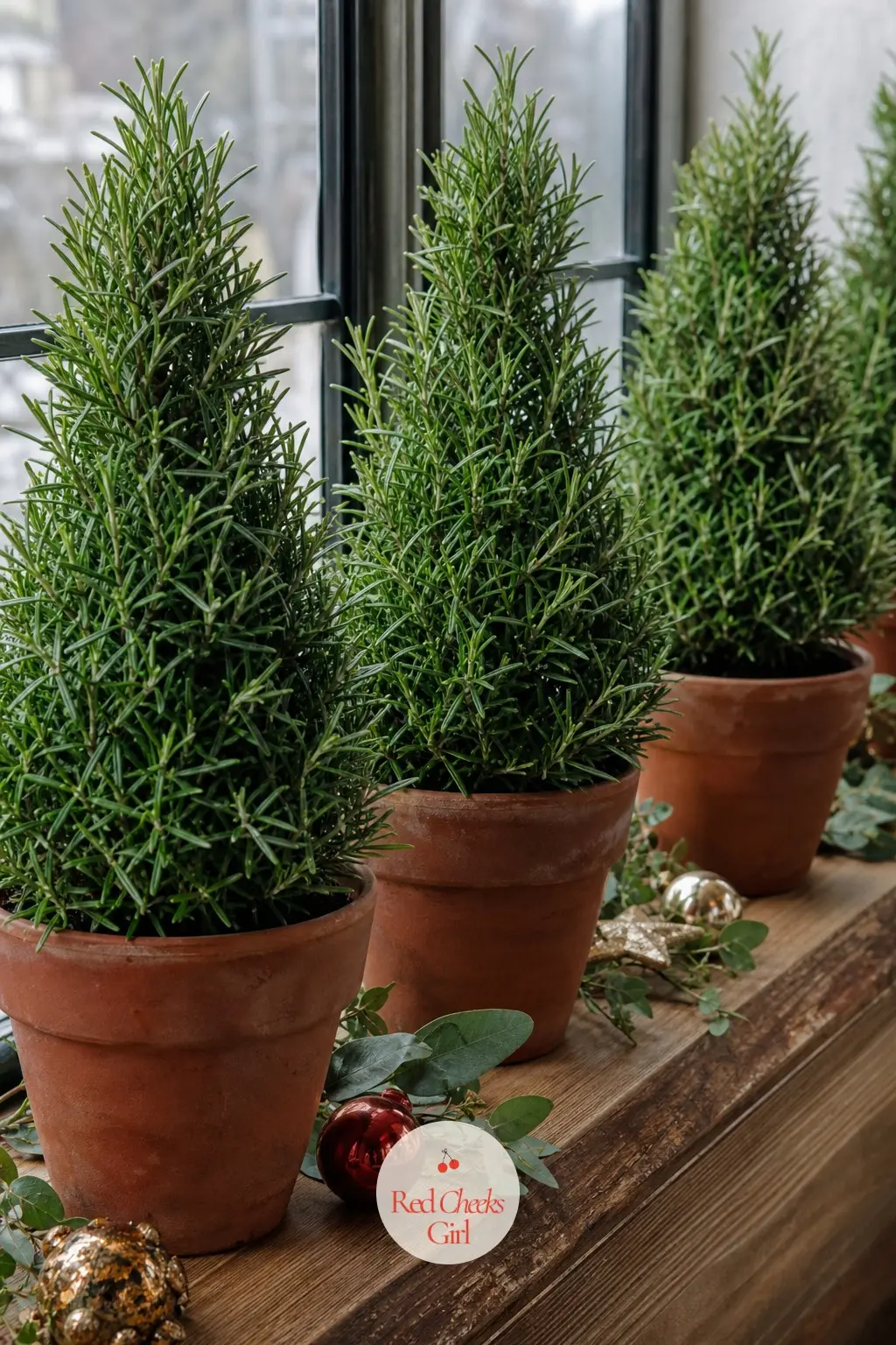 A Row of Potted Rosemary Trimmed Into Tiny Cones on the Sill — Three or four small potted rosemary plants, trimmed into neat cone shapes, line a windowsill