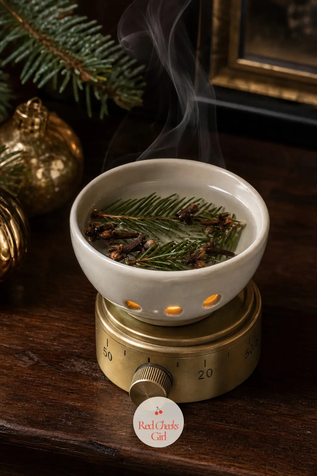 A Simmering Diffuser of Fir and Clove Kept on a Dresser Timer — A small ceramic diffuser running a fir and clove blend, set on a dresser and switched on by a