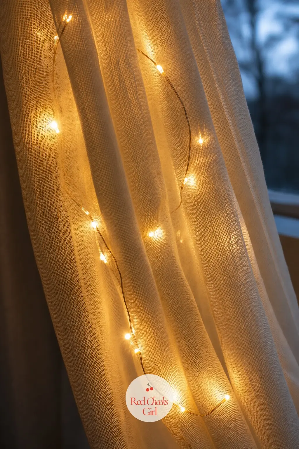 A Single Strand of Micro-Lights Woven Through a Sheer Curtain — Weave one battery strand of warm micro-lights through the folds of a sheer curtain panel rather