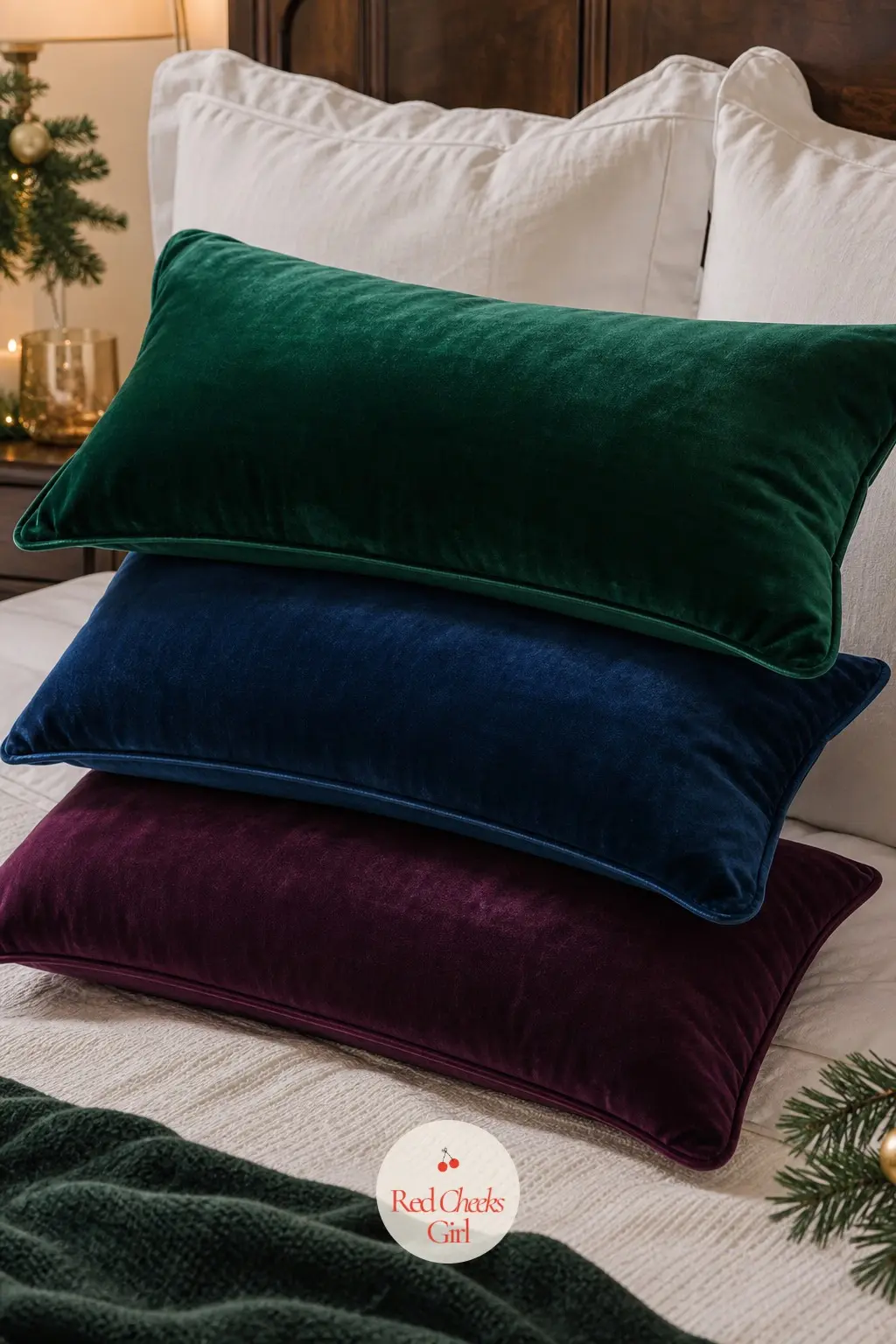 A Stack of Velvet Lumbar Pillows in Graduated Jewel Tones — Three velvet lumbar cushions in emerald, sapphire and deep plum, stacked against the everyday