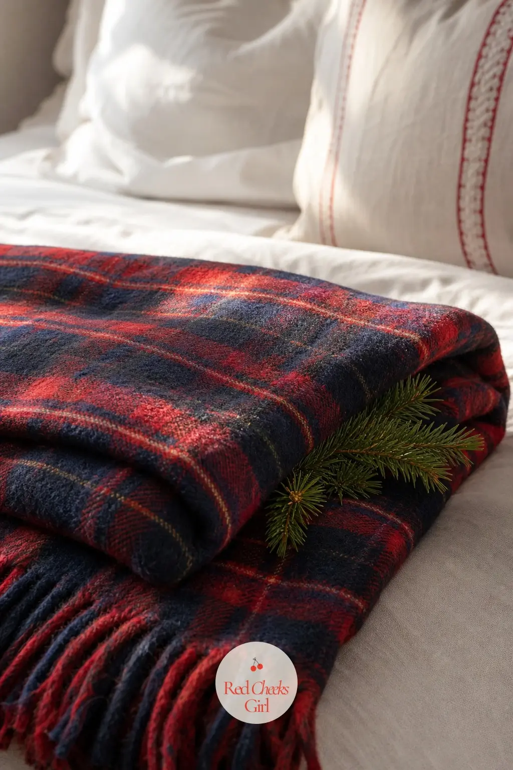A Tartan Throw Folded at the Foot of the Bed With a Fir Sprig — Fold a red and navy wool tartan throw in thirds across the foot of the bed and tuck one small