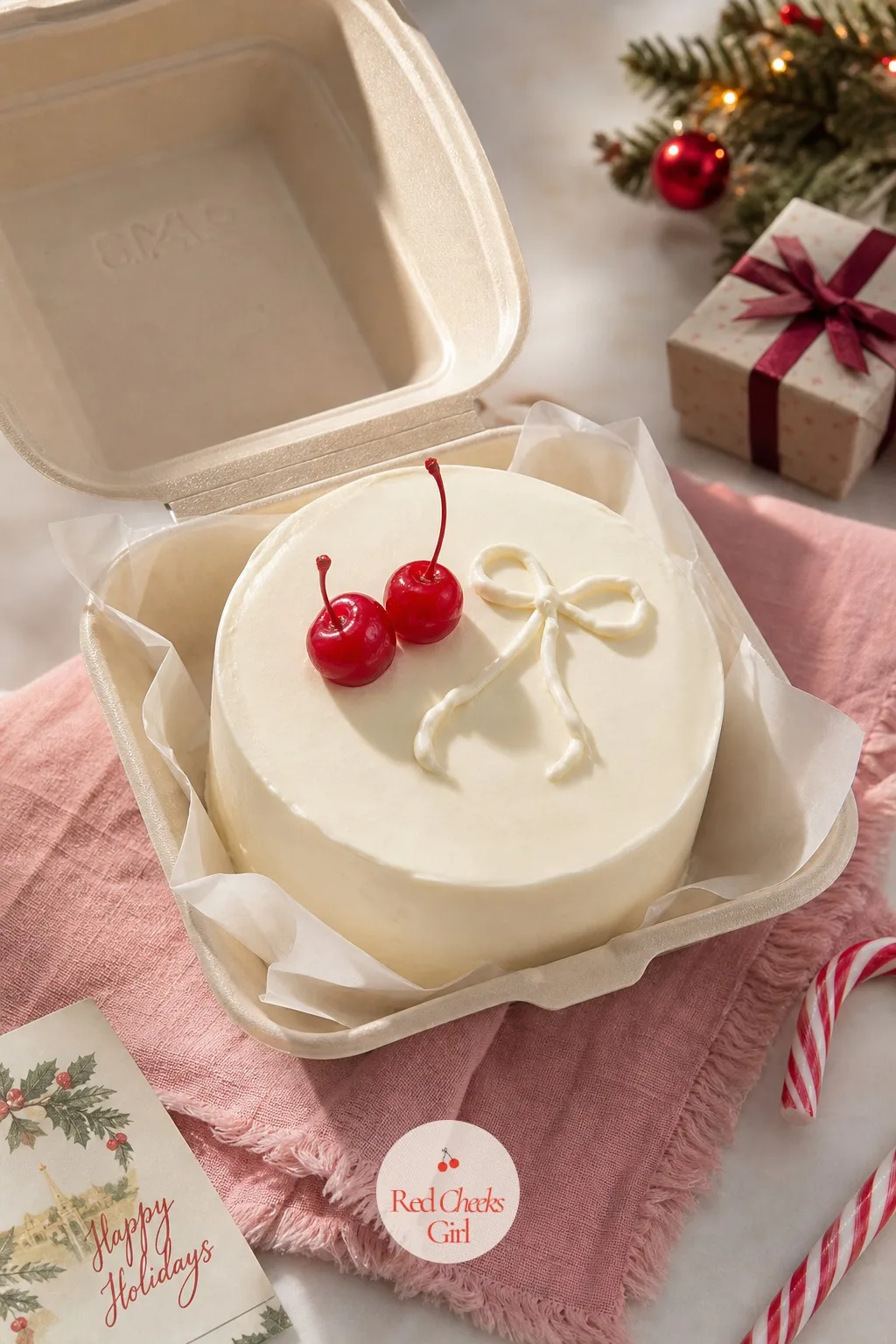 Cherry and Bow Bento — Two cherries and a bow sounds almost too simple, and that is exactly the point when the rest of the cake stays bare white. Christmas