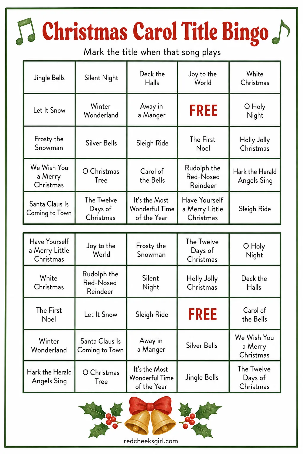 Christmas Carol Title Bingo printable sheet — This is the quiet one for the car, the kitchen, or anywhere a radio station has settled into its holiday