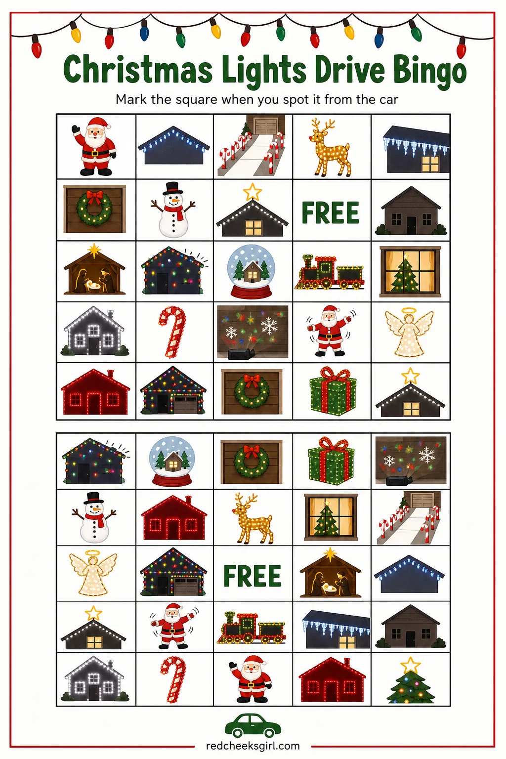 Christmas Lights Drive Bingo printable sheet — This one is built for the back seat during the annual slow lap around the neighborhood with the best displays