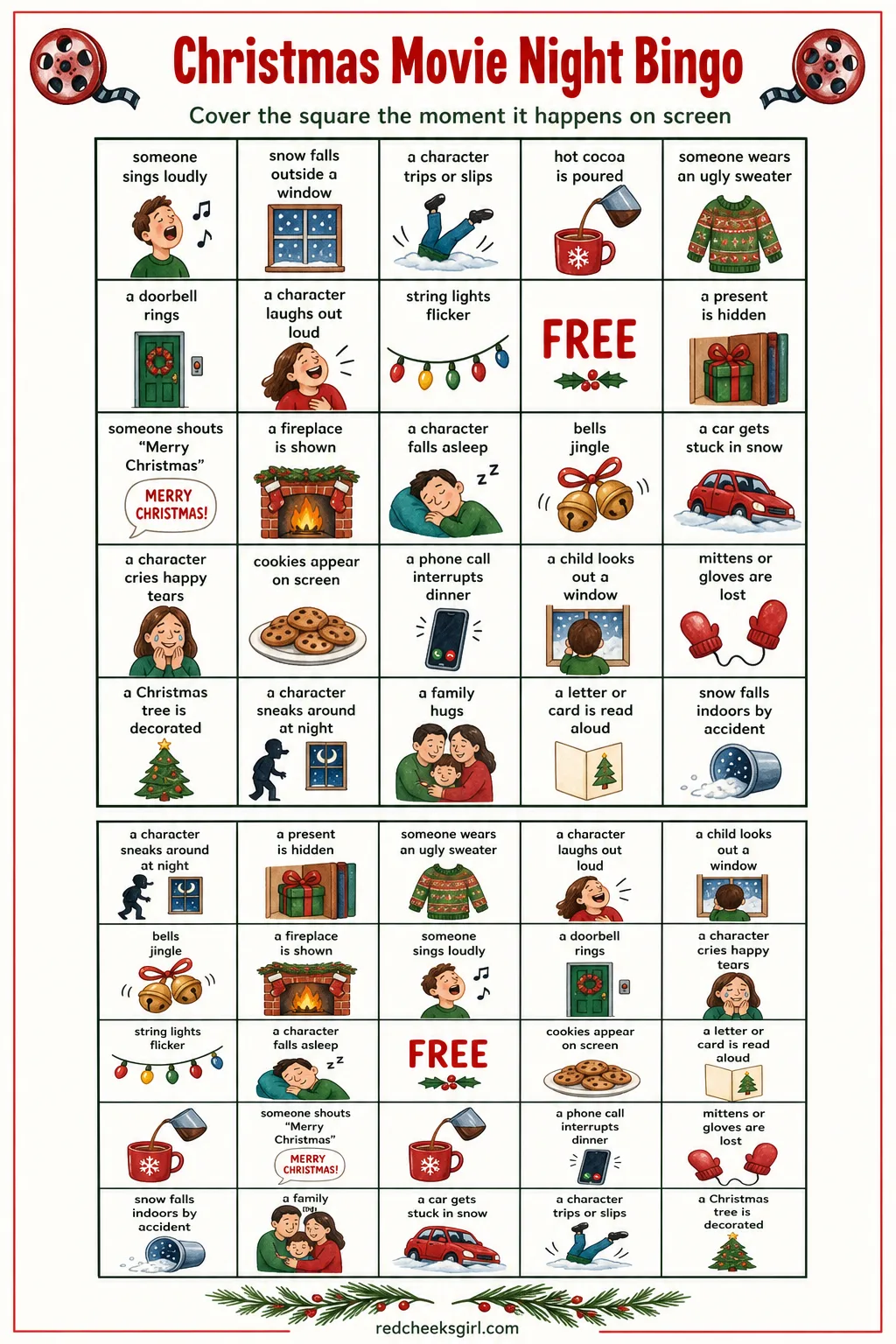 Christmas Movie Night Bingo printable sheet — Put this one in laps before the opening credits of whatever film the family has landed on this year, the usual