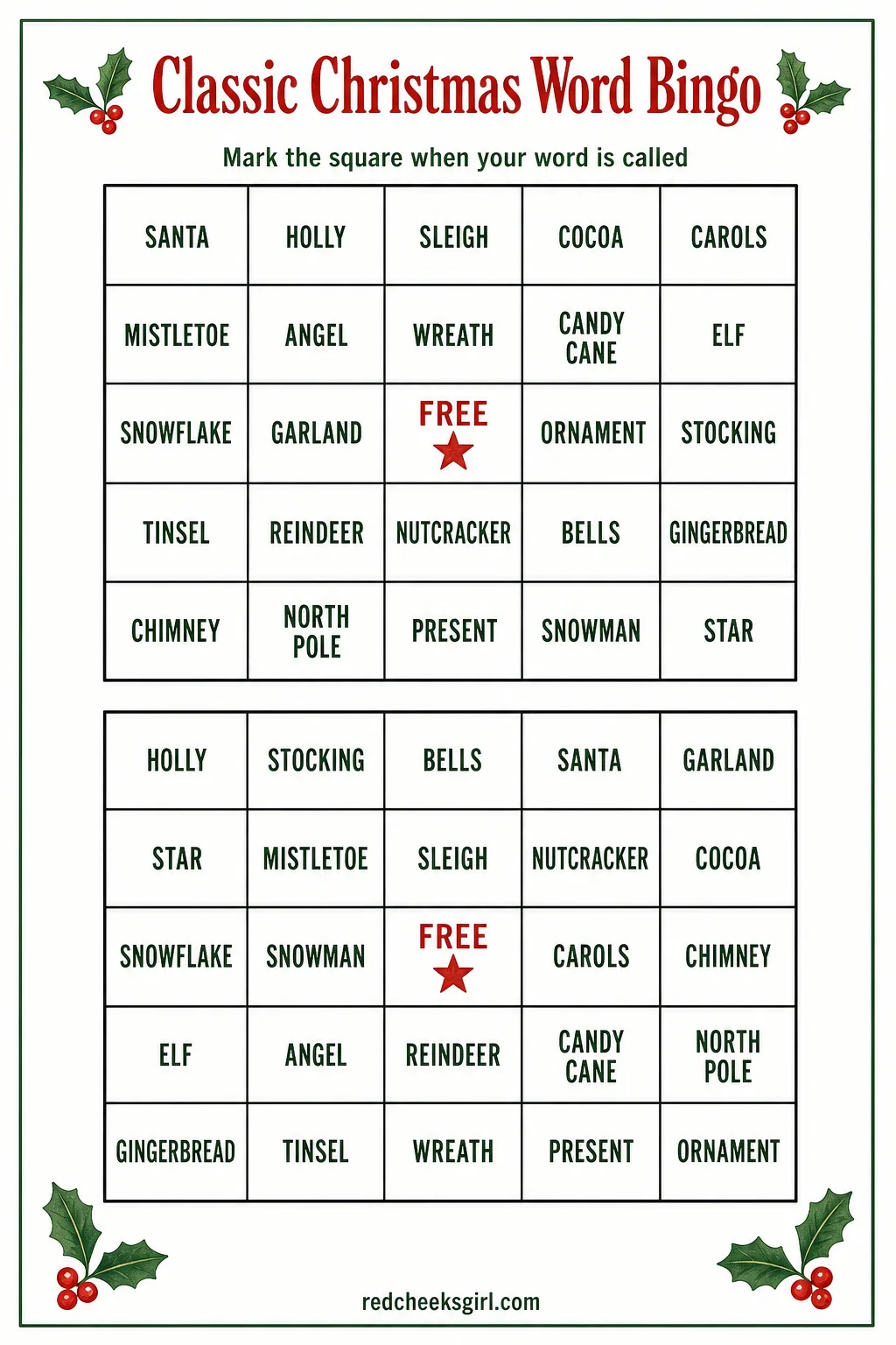 Classic Christmas Word Bingo printable sheet — This is the bingo everyone already knows how to play, the one where nobody needs the rules explained twice.
