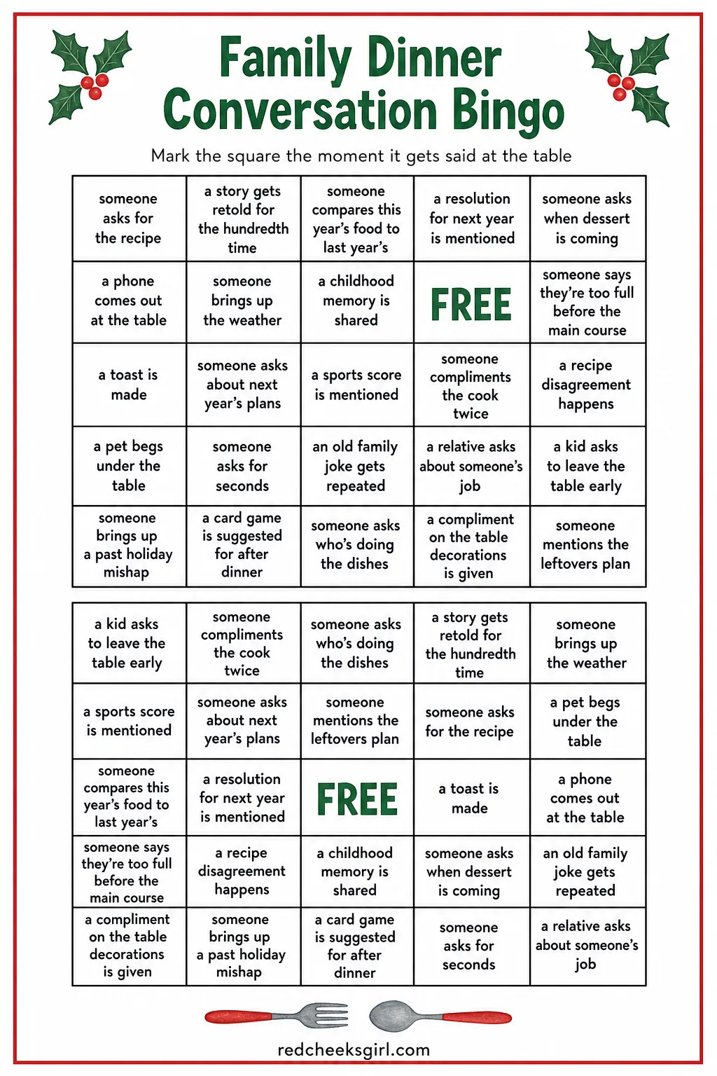 Family Dinner Conversation Bingo printable sheet — Slide this next to the plates before everyone sits down and the usual lull between courses, the one where