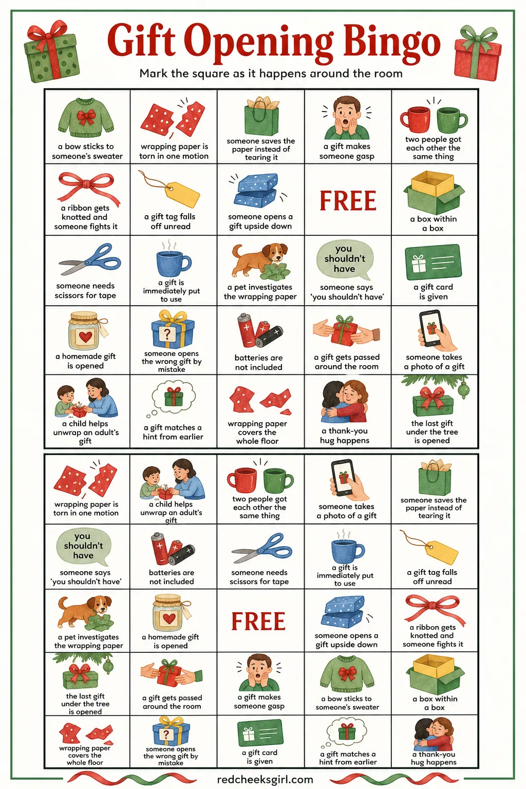 Gift Opening Bingo printable sheet — Hand this out right before the paper starts flying and it turns the usual gift-opening chaos, the ripping, the overlapping
