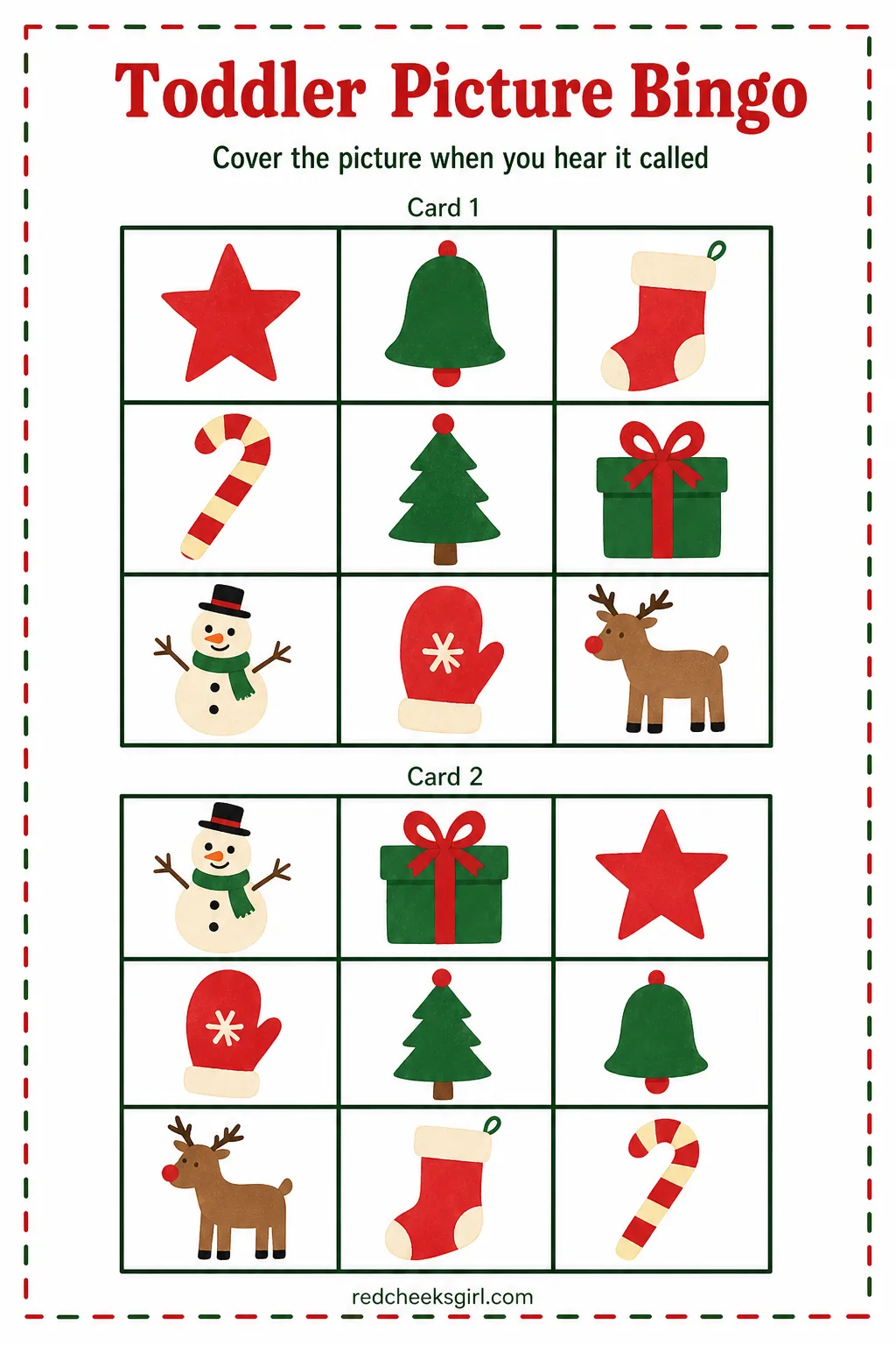 Toddler Picture Bingo printable sheet — This is the one for the smallest cousin at the table, the one who cannot read yet but absolutely wants to play what the