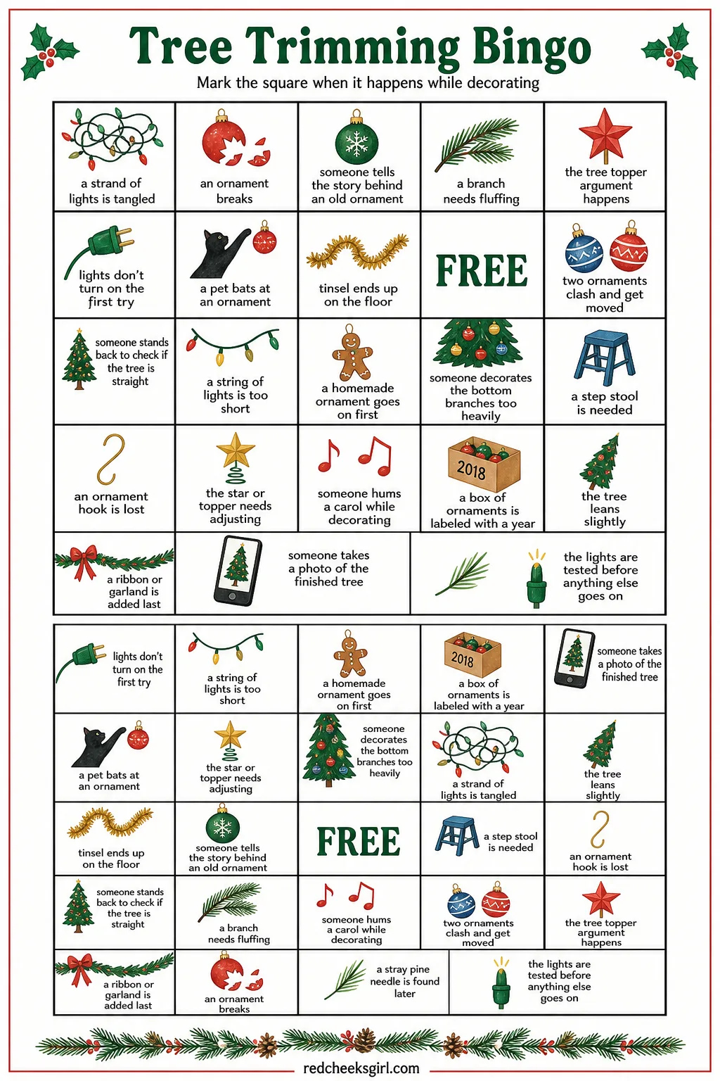 Tree Trimming Bingo printable sheet — Pull this out the evening the ornament boxes come down from the attic and decorating turns into its own small production.