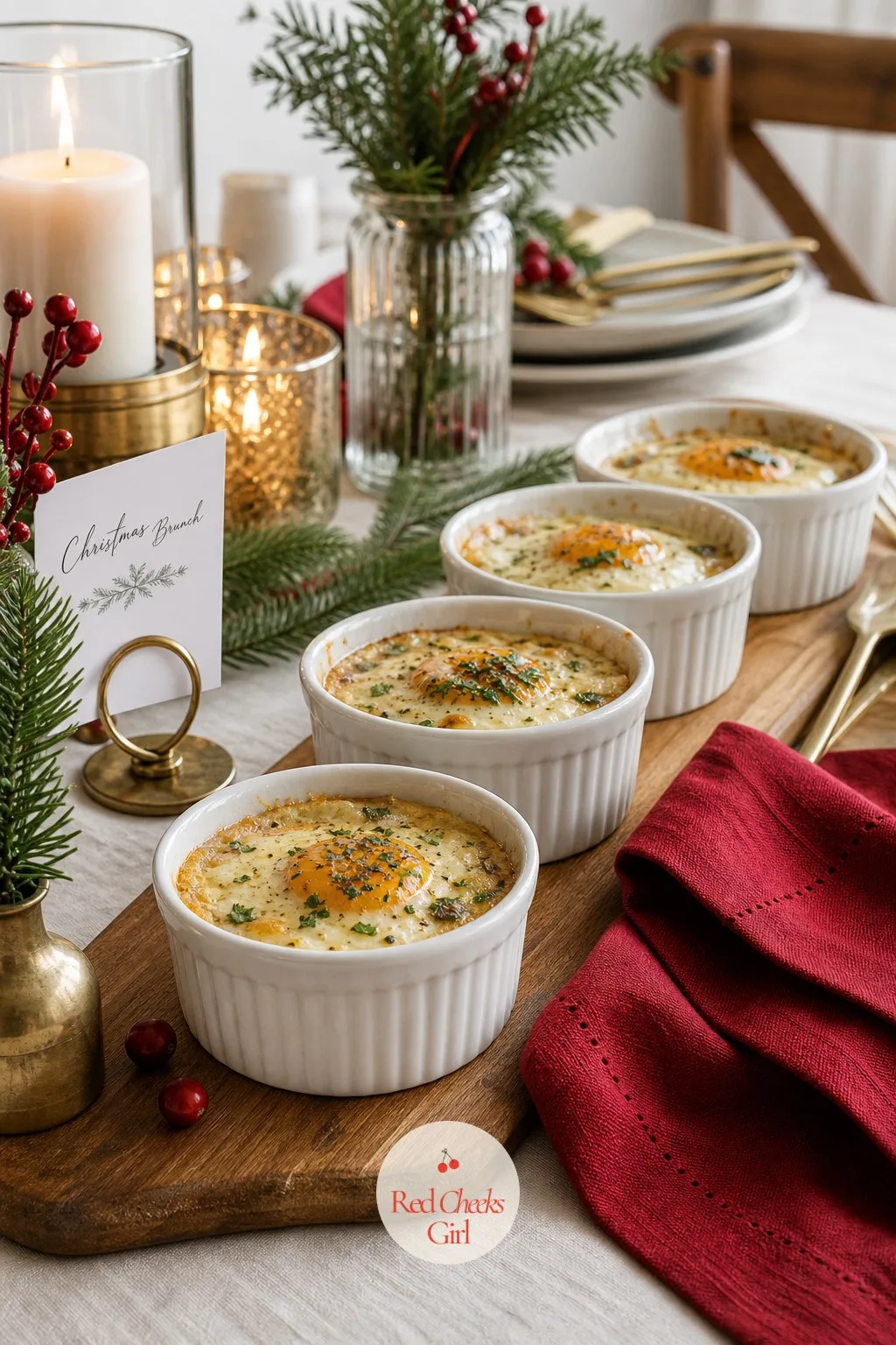 Baked Eggs in Individual Ramekins — A vat of scrambled eggs under a chafing dish loses its charm fast. Christmas brunch ideas