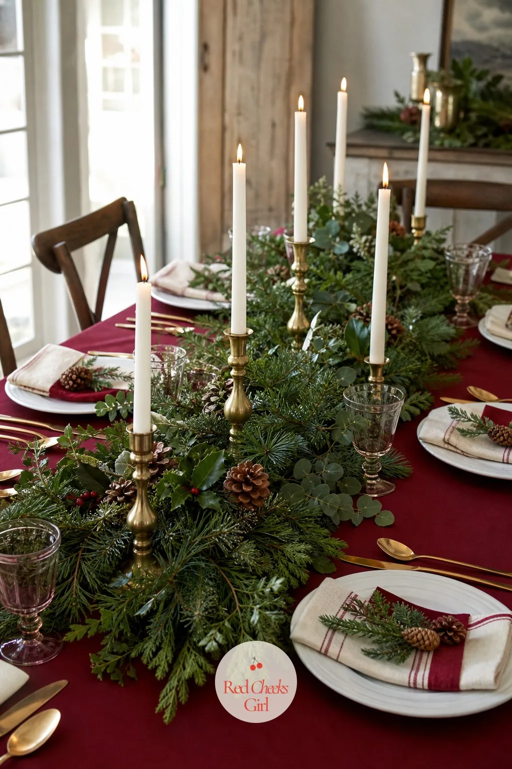 A Greenery and Candlelight Runner Down the Center of the Table — A towering centerpiece photographs beautifully and ruins the view across the table at nine in