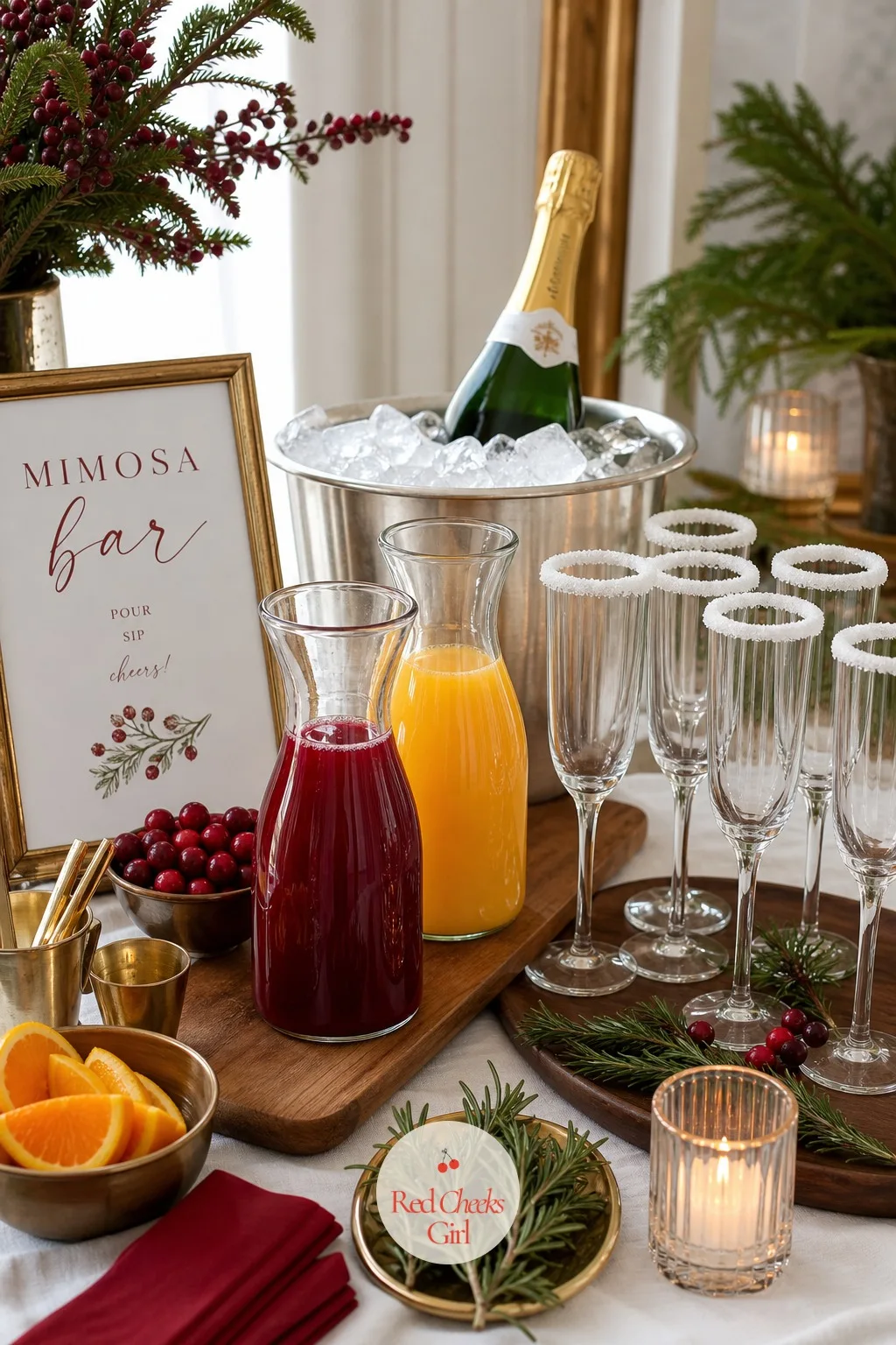 A Mimosa Bar With Cranberry and Orange Juice — Pouring individual drinks for twelve people means standing behind a cart all morning instead of sitting at the