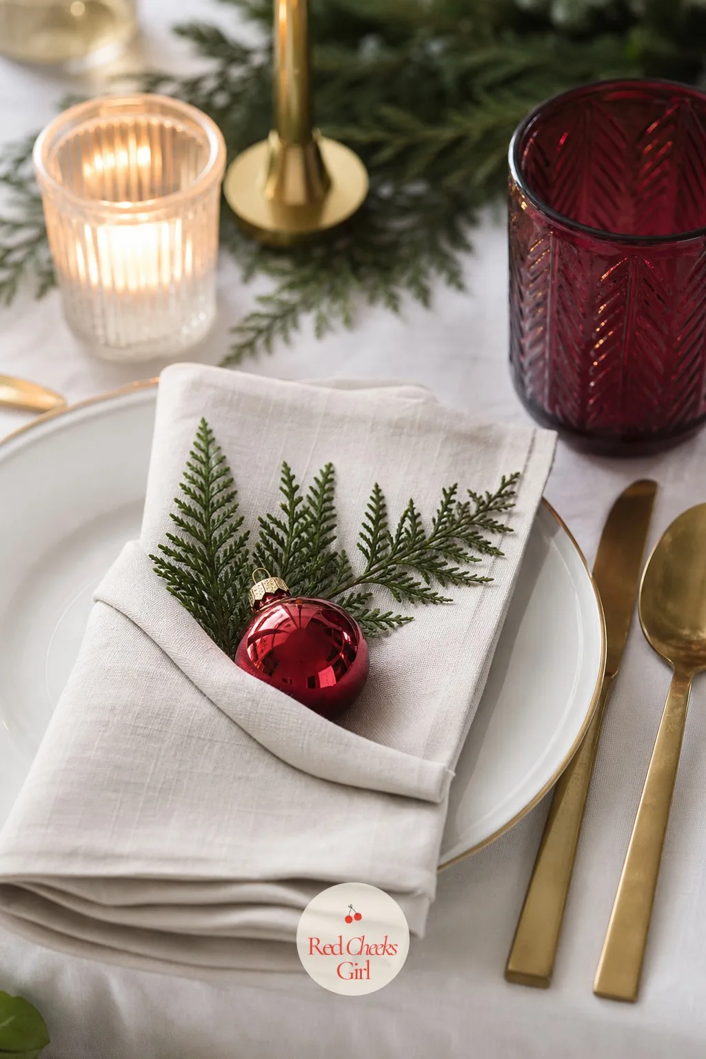 A Napkin Fold With a Cedar Sprig and a Glass Ornament Tucked In — A flat napkin says nothing. Christmas brunch ideas