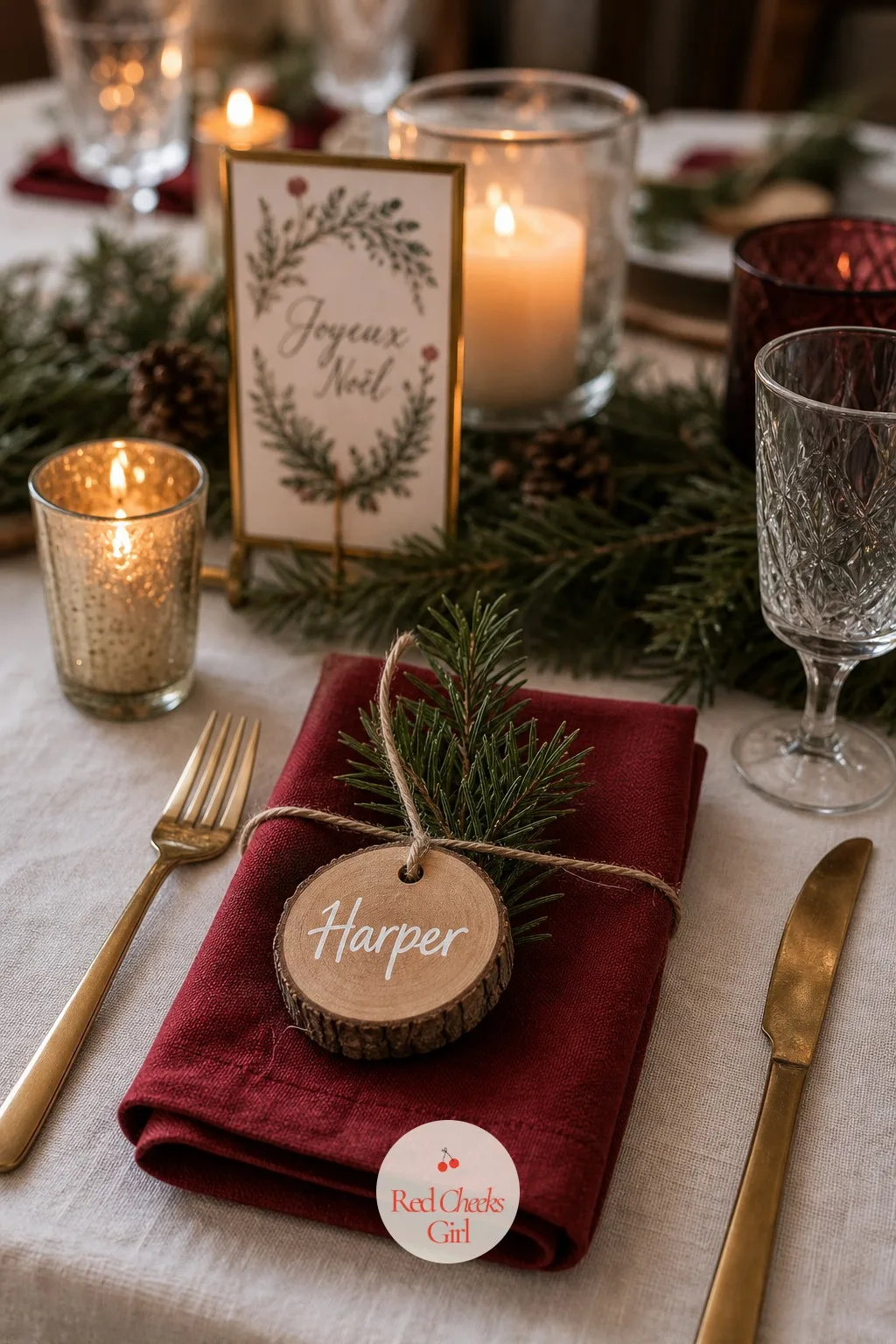 Place Cards on Small Wood Rounds With a Sprig of Pine — She doesn't need calligraphy for this, just something that tells people where to sit without a fuss.