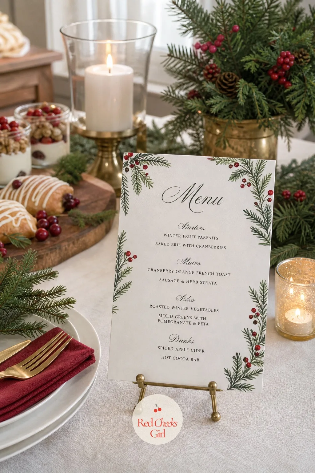 A Printed Menu Propped on a Small Brass Easel — A long table of unlabeled dishes asks a lot of a guest standing there with an empty plate. Christmas brunch