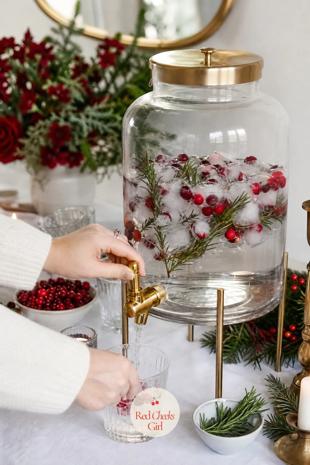 A Sparkling Water Station With Cranberry and Rosemary Ice Cubes — Plain water looks like an afterthought next to a mimosa bar. Christmas brunch ideas