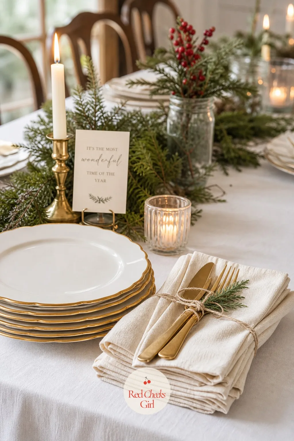 Stacked Gold-Rimmed Plates and Folded Linen Napkins at One End — A buffet table looks half-finished when the plates get shoved aside for serving spoons at the