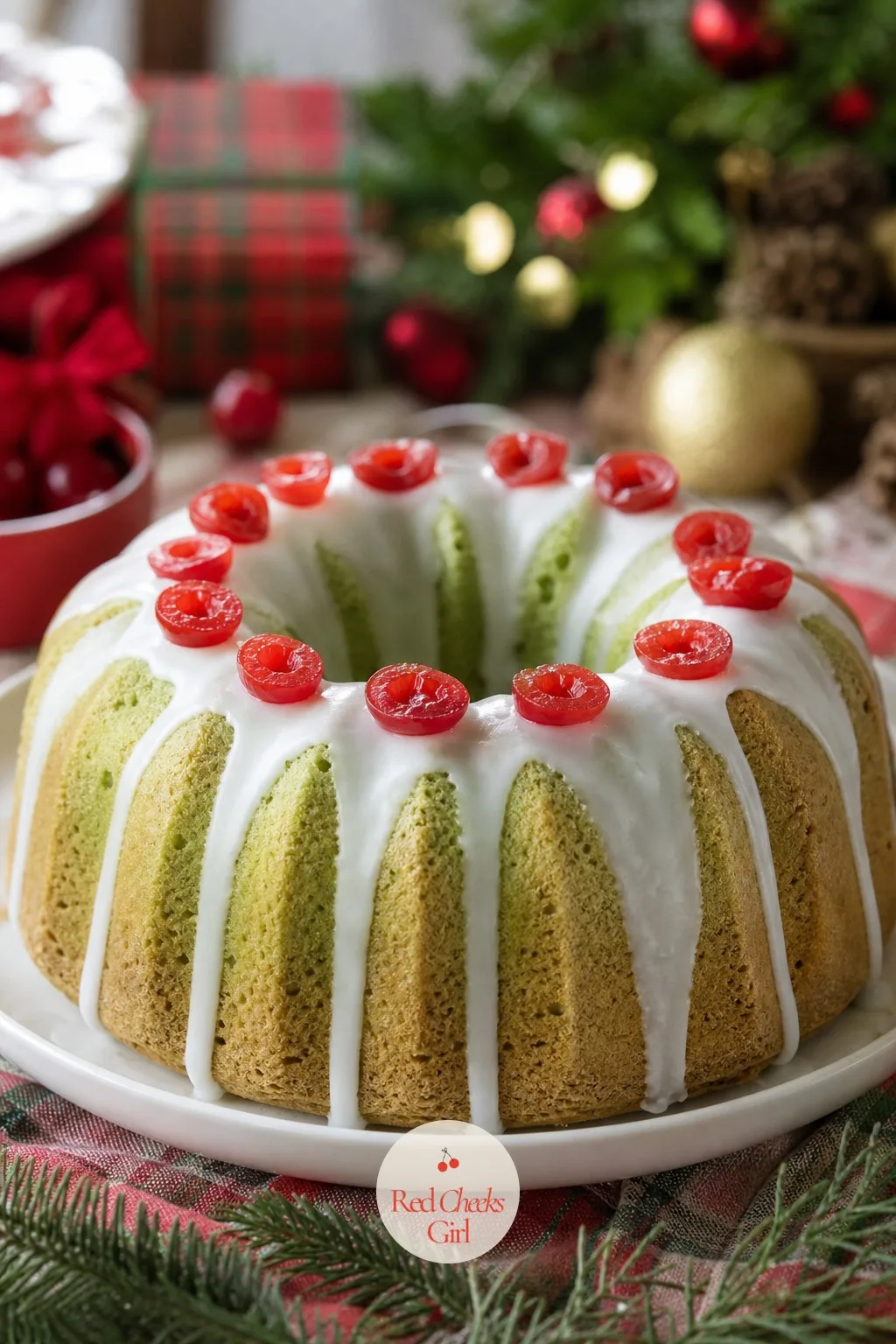 Pistachio Bundt with Cherries — Green and red, built right into the ingredient list rather than added after: this is the cake that does the palette's work