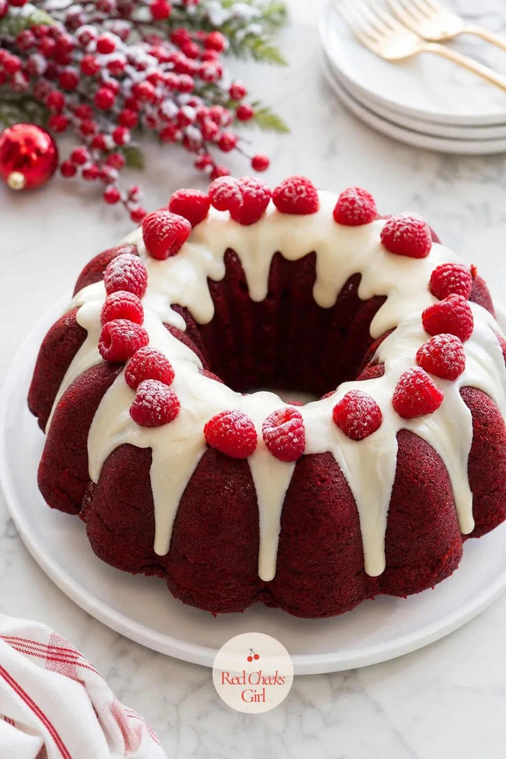 Red Velvet Bundt with Cream Cheese Drizzle — Red velvet earns its place on a holiday table by colour alone, no decoration required to make it look festive.
