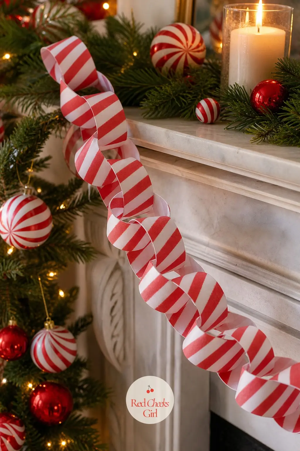 Candy Cane Stripes Bunting — A paper chain where every strip is a different width of red and white diagonal stripe, so the finished rings look like a box of