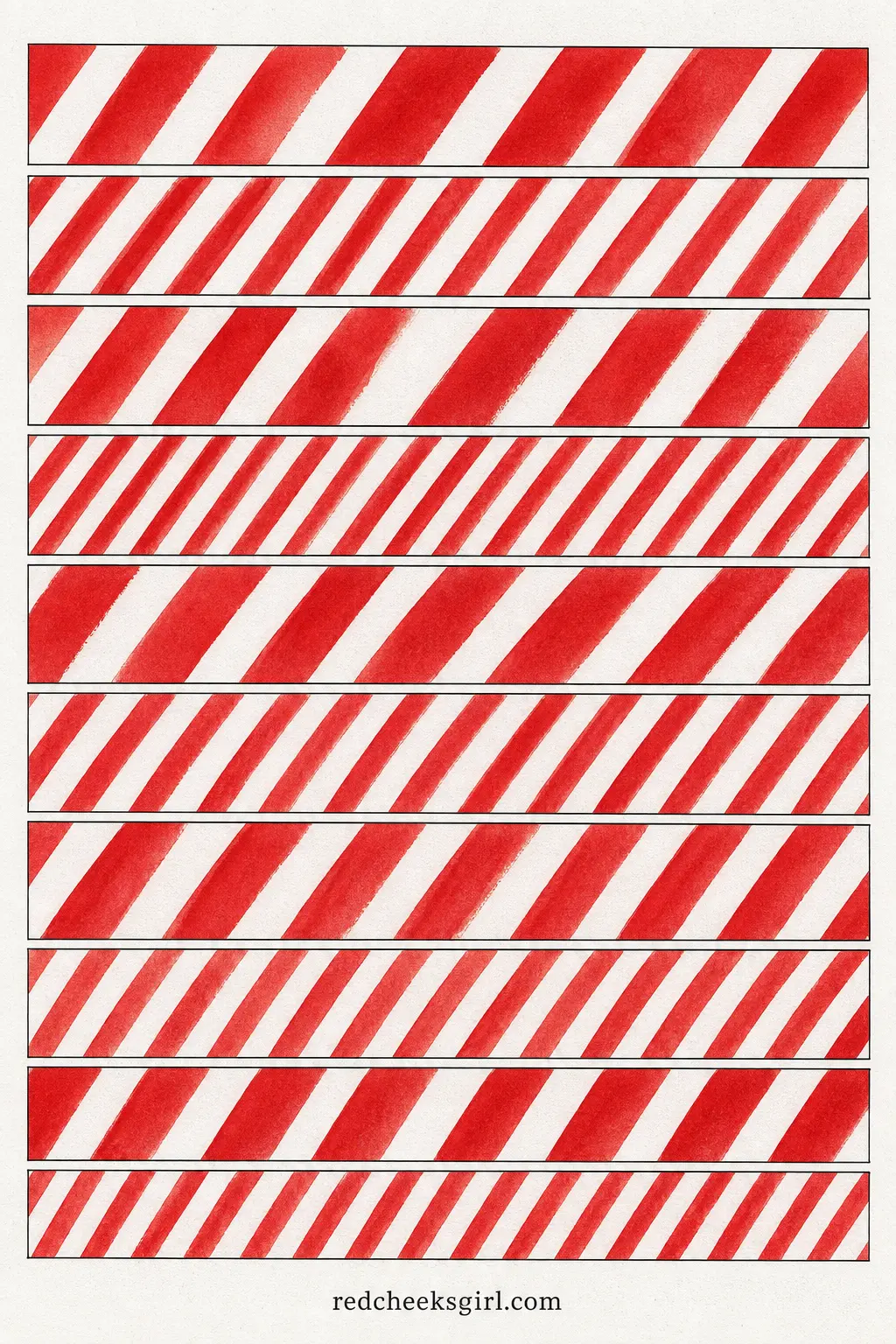 Candy Cane Stripes Bunting printable sheet — A paper chain where every strip is a different width of red and white diagonal stripe, so the finished rings look