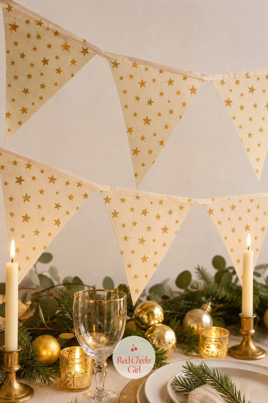 Gold Stars on Cream Bunting — A classic triangle pennant in soft cream, scattered edge to edge with small gold stars rather than one big centred motif.