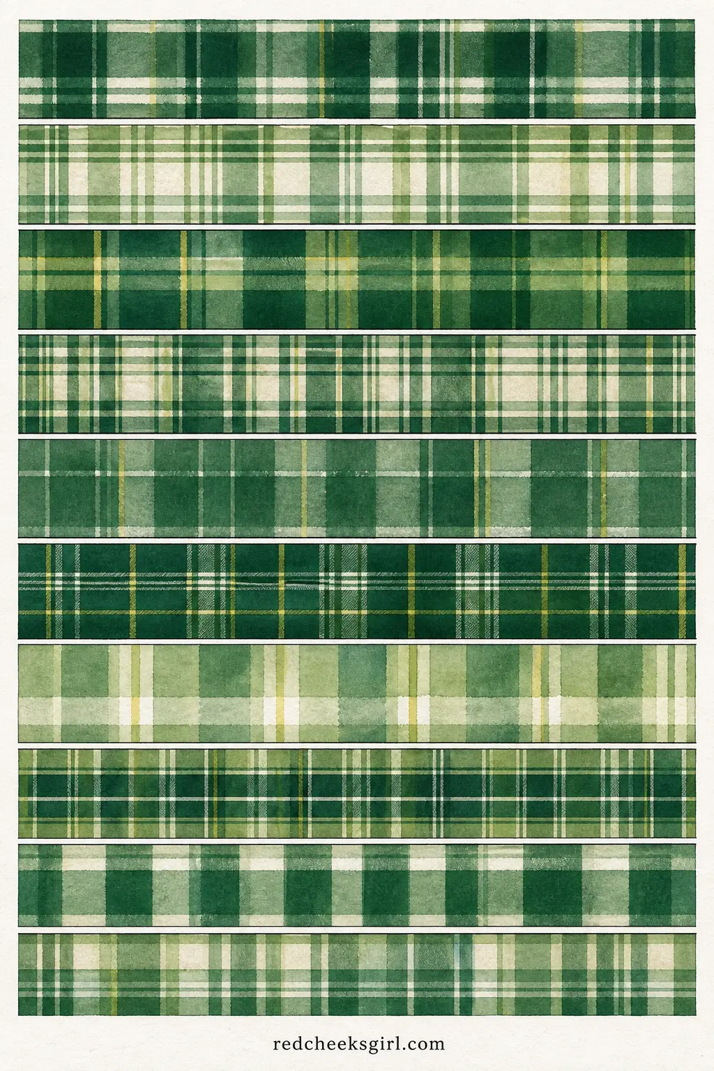 Green Tartan Bunting printable sheet — Tartan plaid strips in forest green, the scale of the check shifting from strip to strip so the finished chain has some