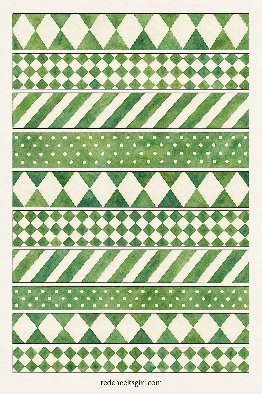 Green and White Harlequin Bunting printable sheet — A paper chain of interlocking rings, each strip carrying a different scale of green and white harlequin
