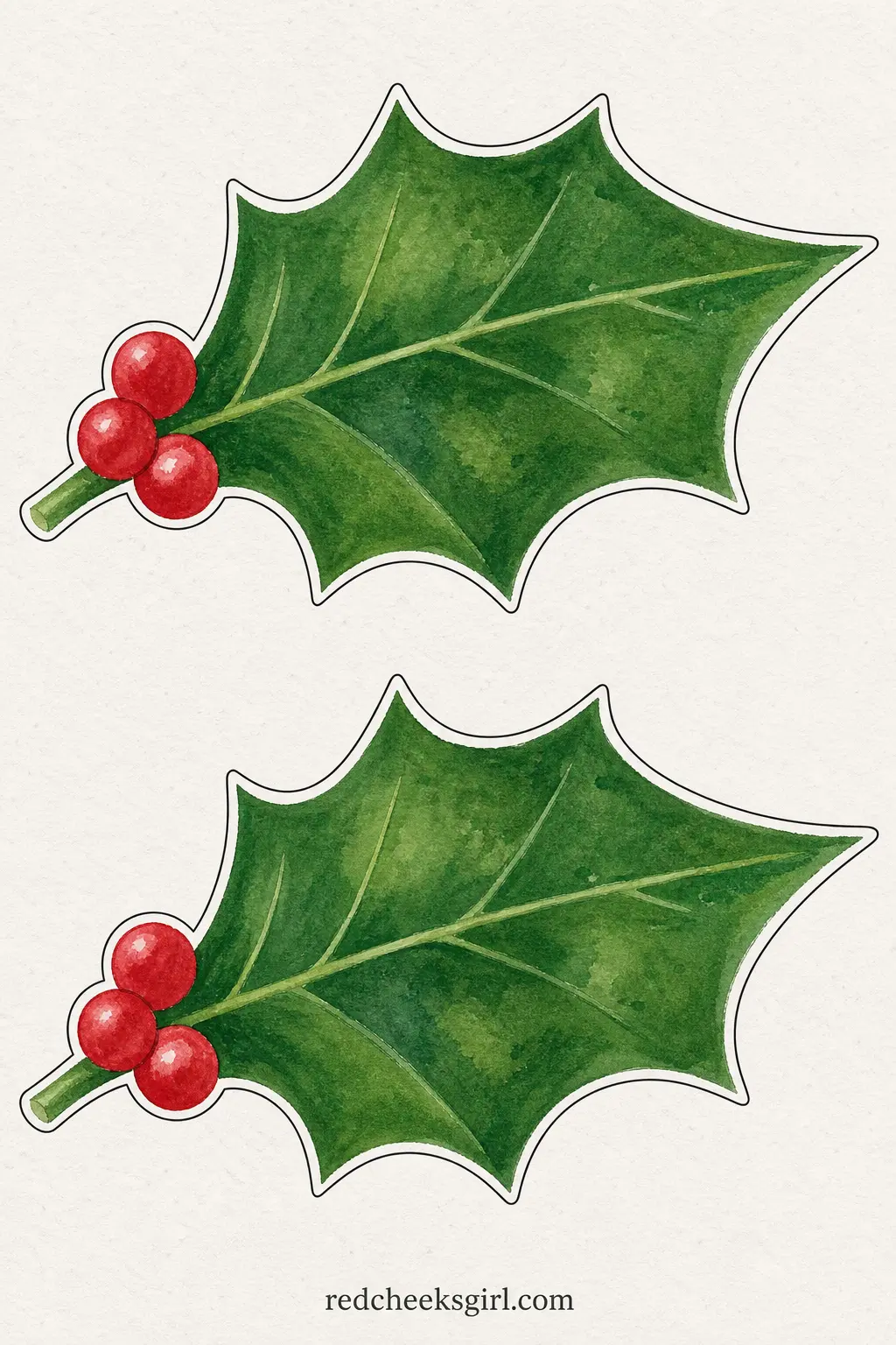 Holly and Berries Bunting printable sheet — A holly leaf silhouette rather than a flag, deep green with a small cluster of red berries drawn near the stem end.