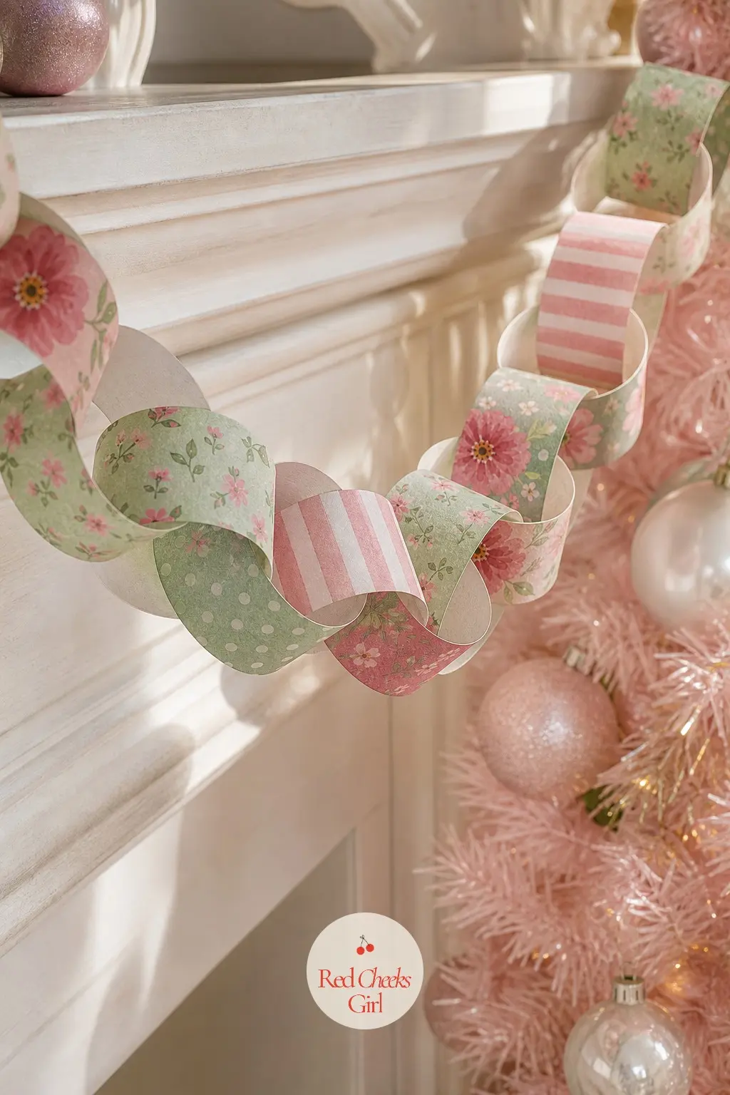 Pastel Florals for a Soft Pink Christmas Bunting — A paper chain built from blush pink and sage florals, each strip a slightly different scale of the same