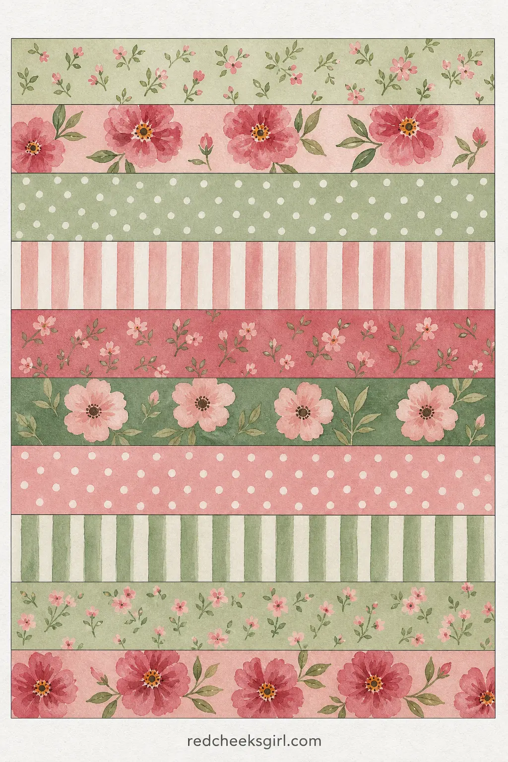 Pastel Florals for a Soft Pink Christmas Bunting printable sheet — A paper chain built from blush pink and sage florals, each strip a slightly different scale