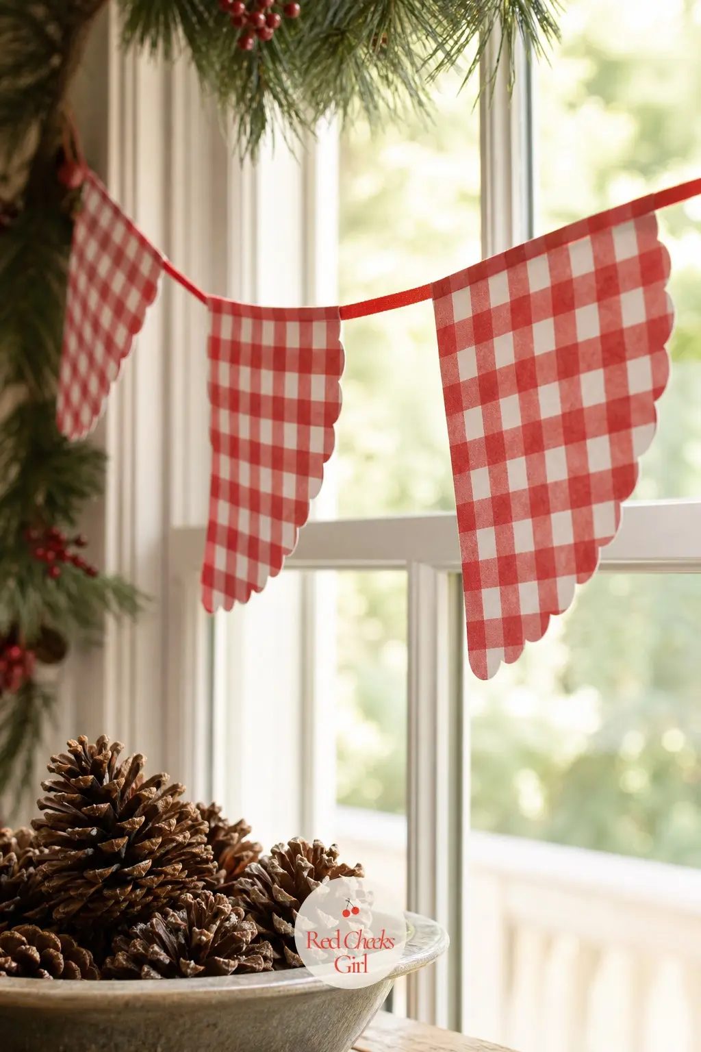 Red Gingham Bunting — A scalloped half circle flag rather than the usual point, filled edge to edge with a classic red gingham check. Christmas bunting ideas
